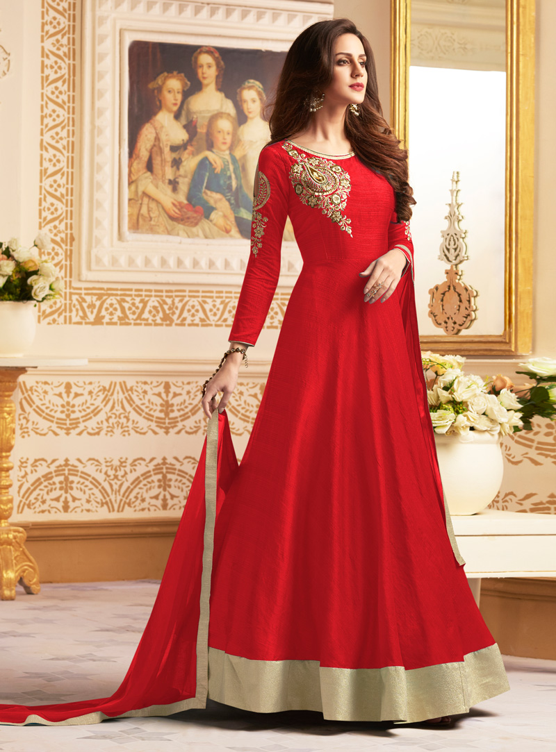 Red Banglori Readymade Long Anarkali Suit 119121