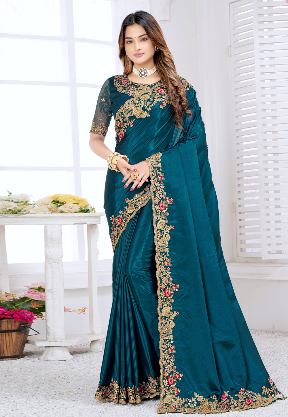 Teal Silk Plain Saree With Designer Blouse 244062