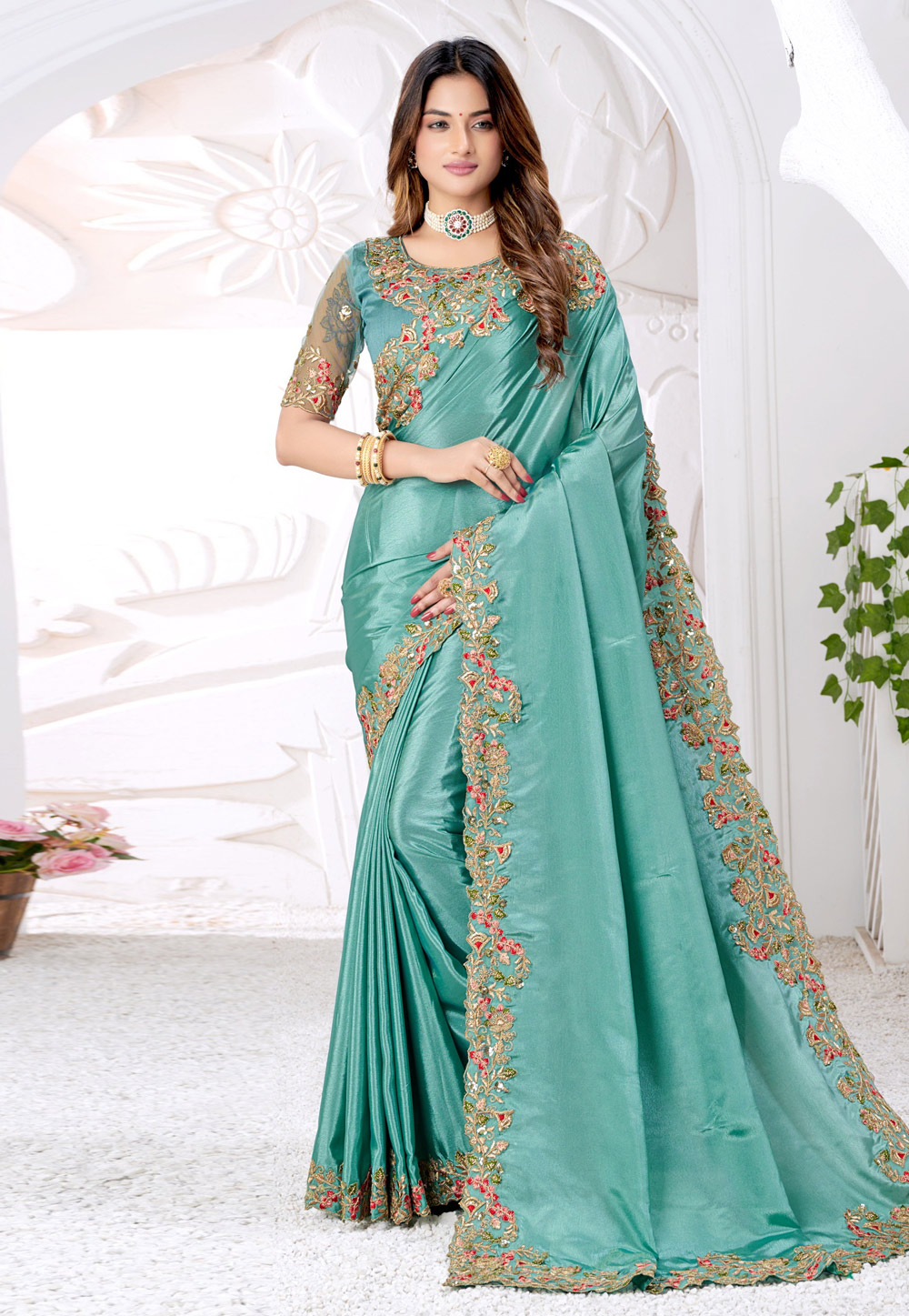 Sea Green Silk Plain Saree With Designer Blouse 244064