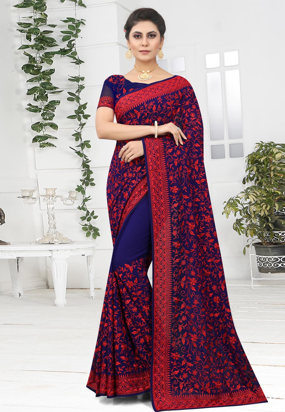 Navy Blue Georgette Saree With Blouse 249217