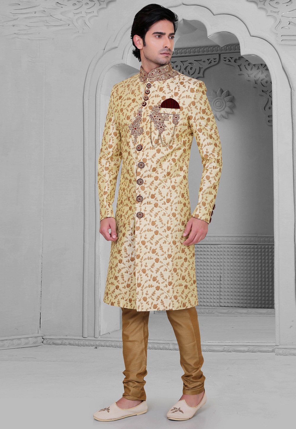 Golden Silk Achkan Style Sherwani 241669