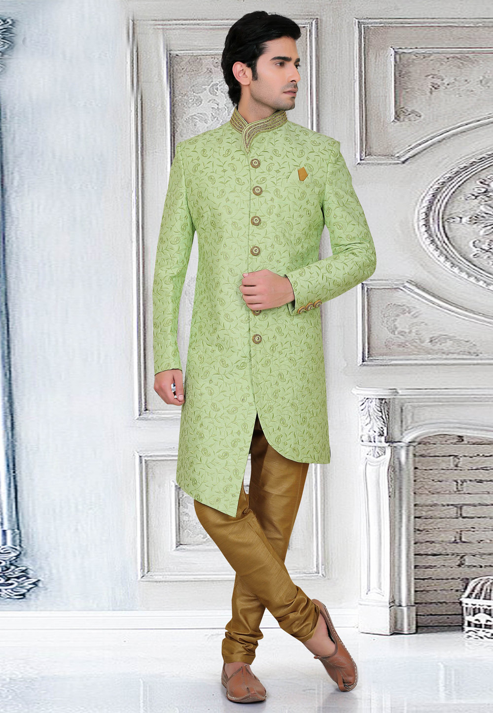 Green Silk Indo Western Sherwani 241675