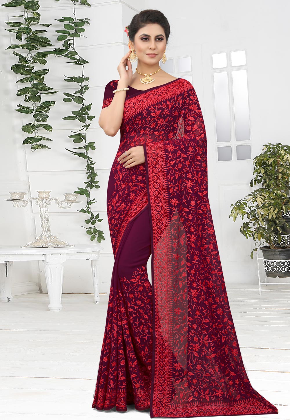 Wine Georgette Saree With Blouse 249219