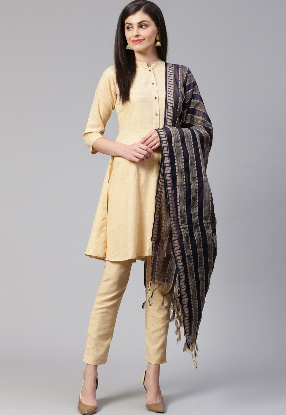 Beige Cotton Readymade Kameez With Pant 216049