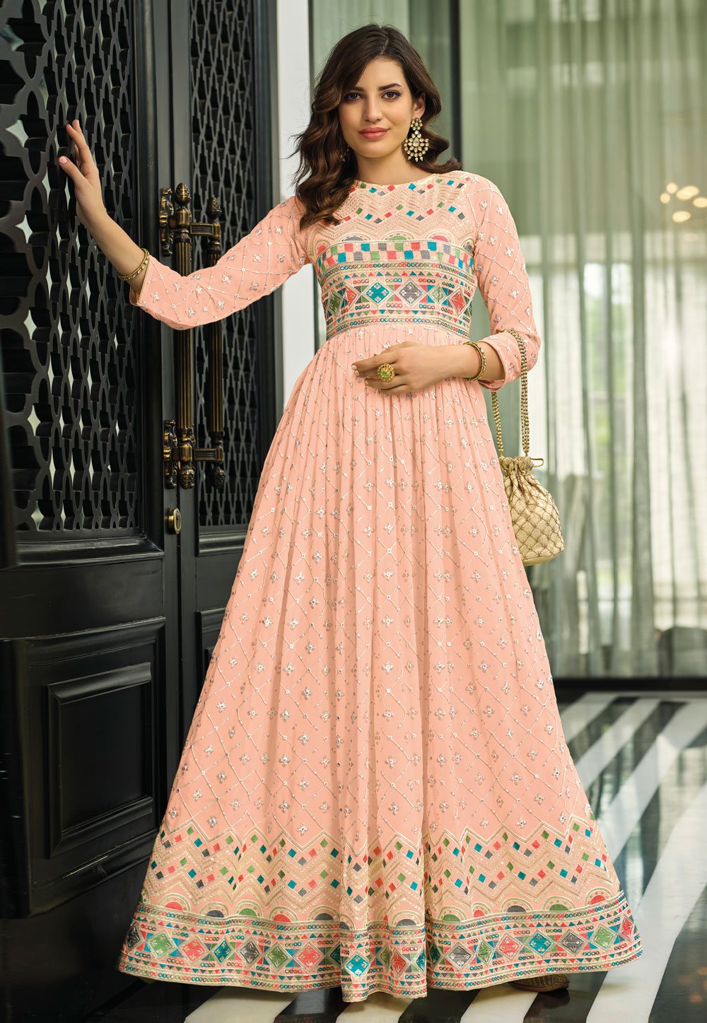 Peach Georgette Embroidered Gown 246844