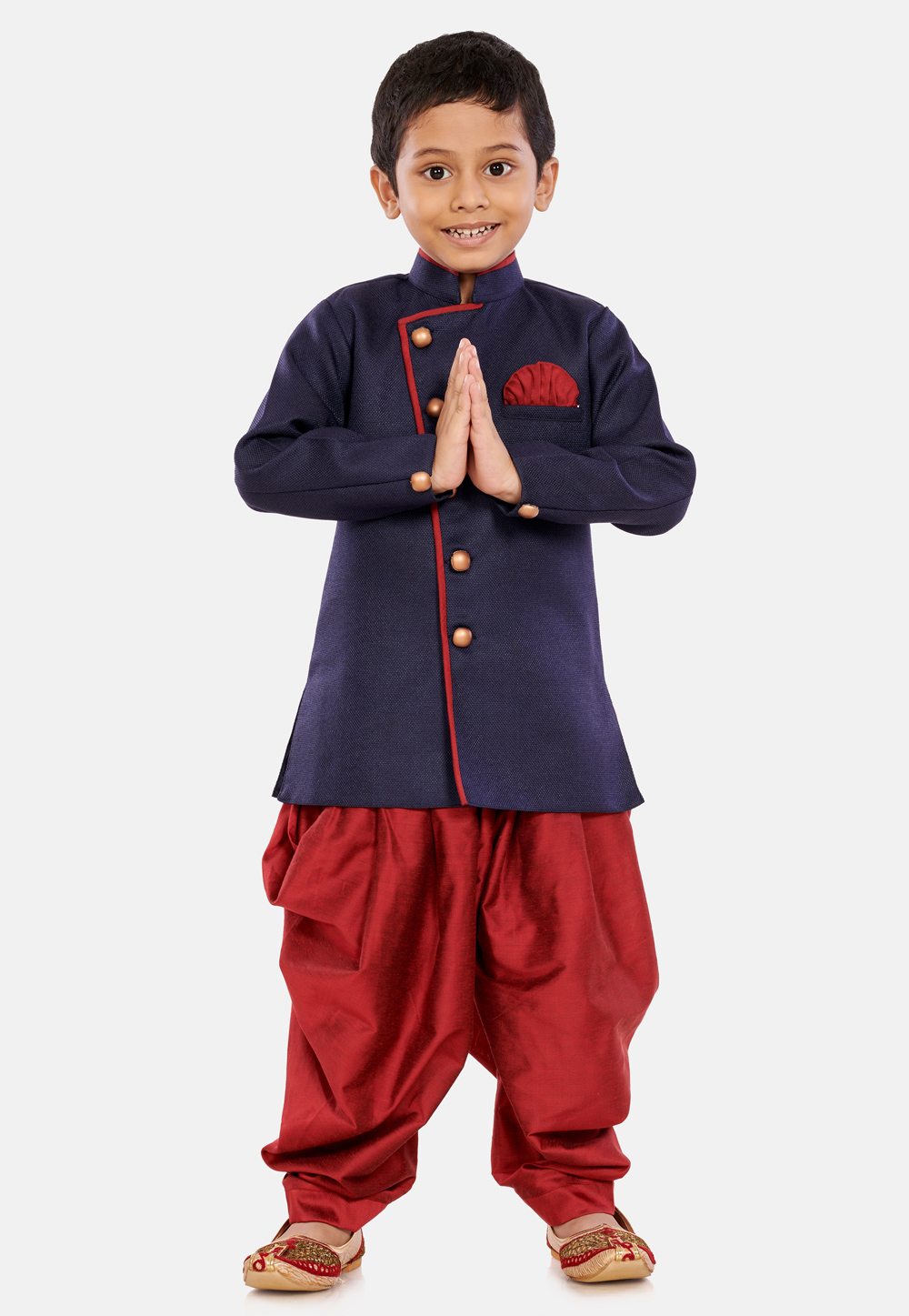 Navy Blue Cotton Readymade Kids Indo Western Suit 205091