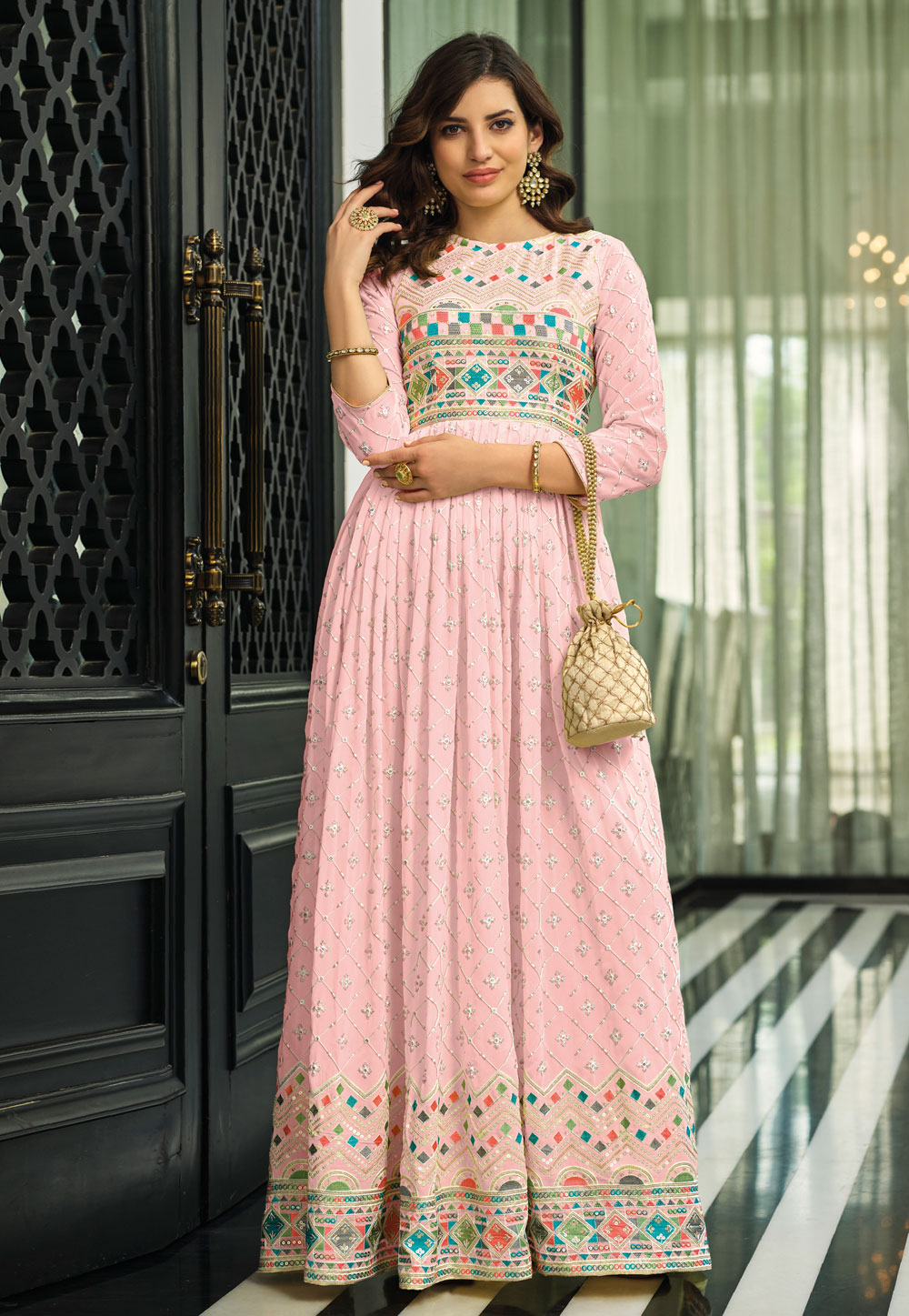 Pink Georgette Embroidered Gown 246846