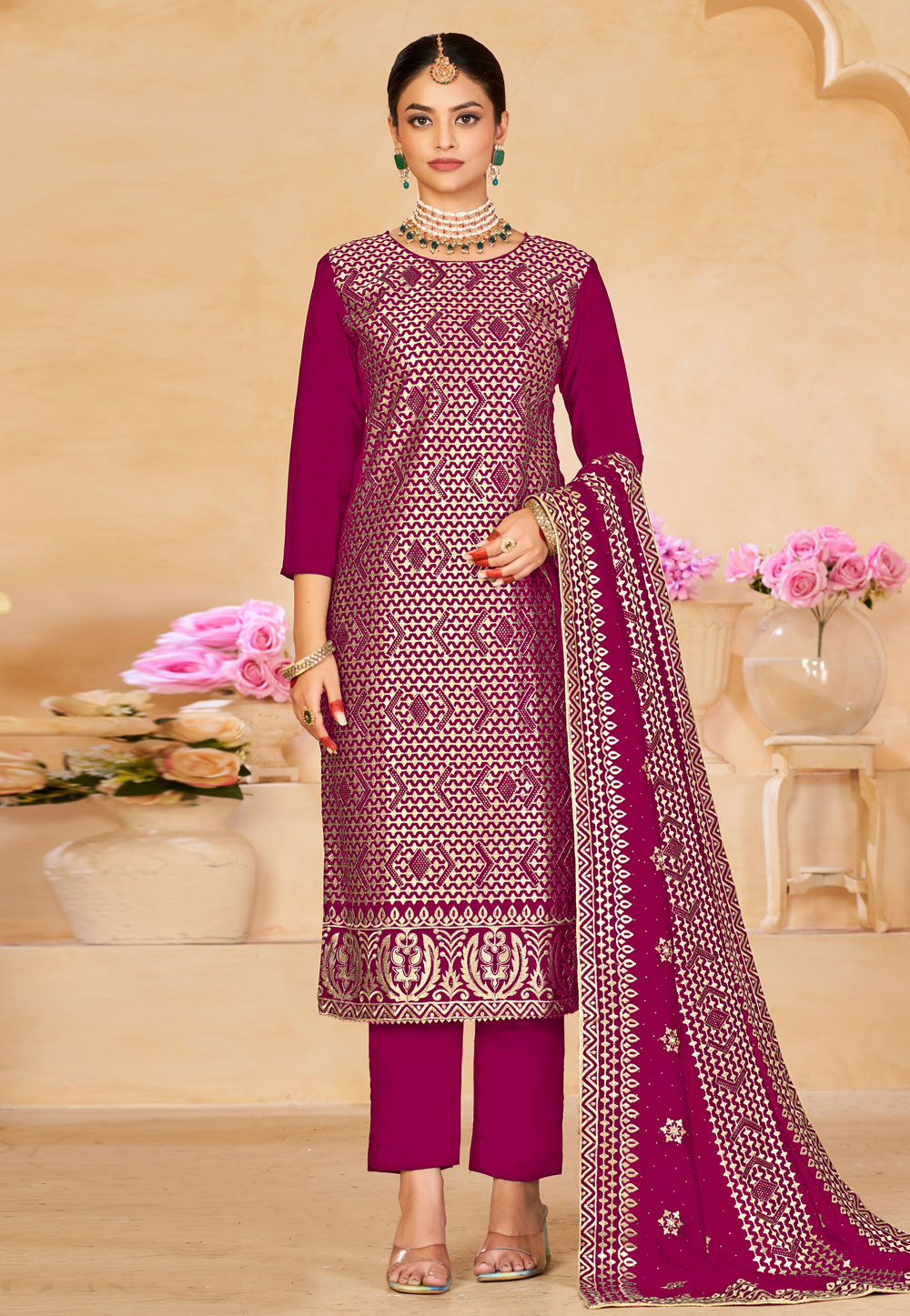 Maroon Silk Straight Suit 275937