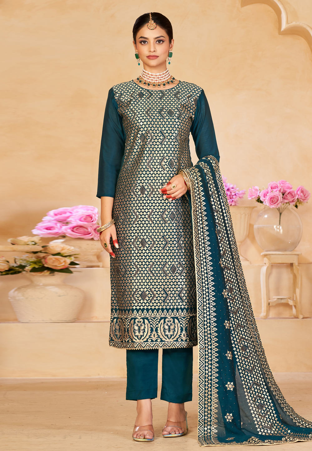 Teal Silk Kameez With Pant 275938