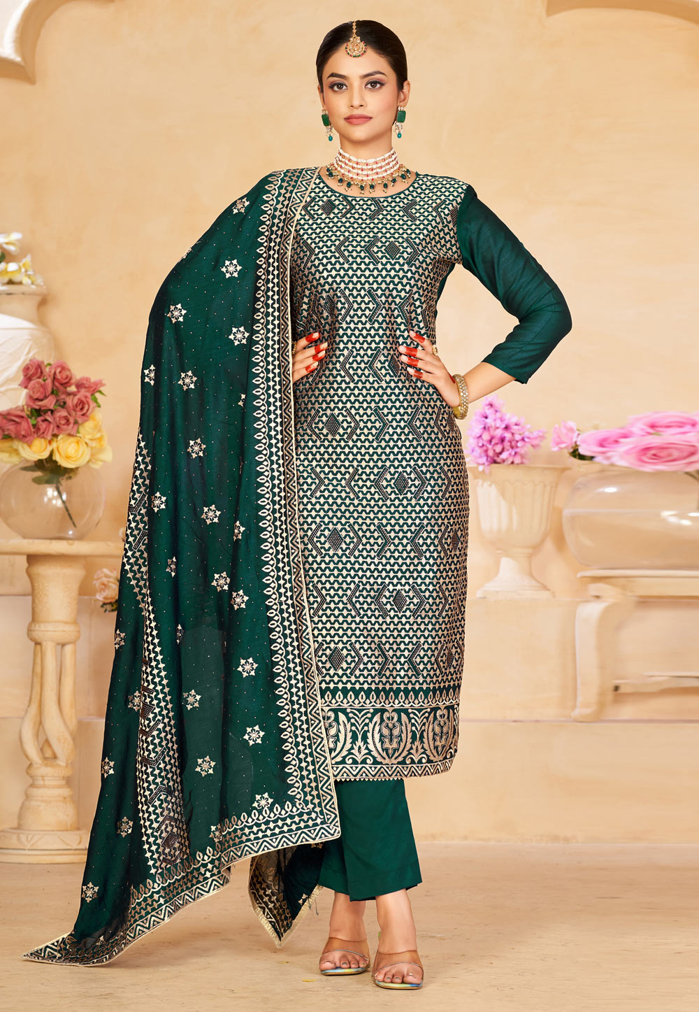 Green Silk Straight Suit 275939