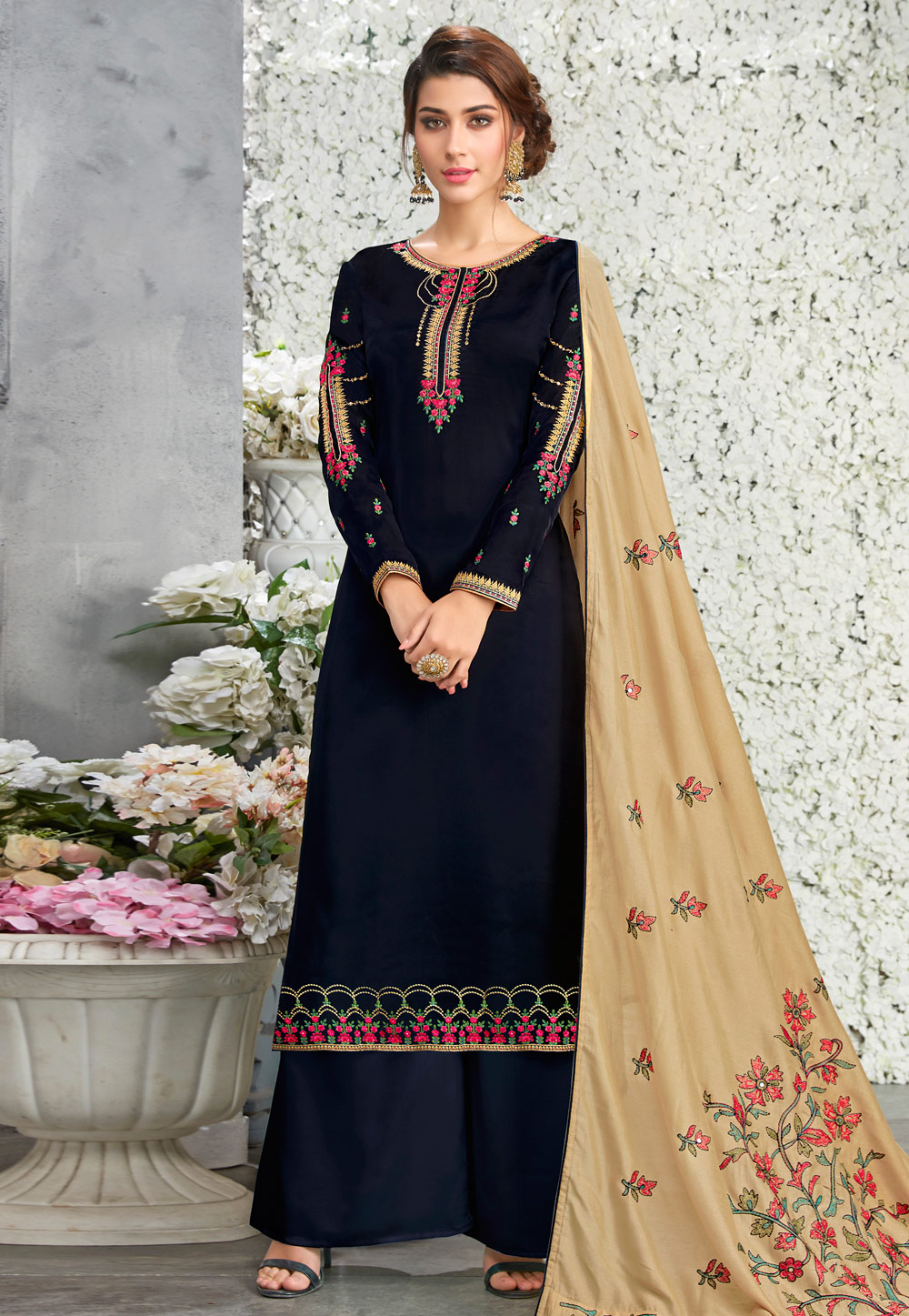 Navy Blue Satin Embroidered Kameez With Palazzo 167882