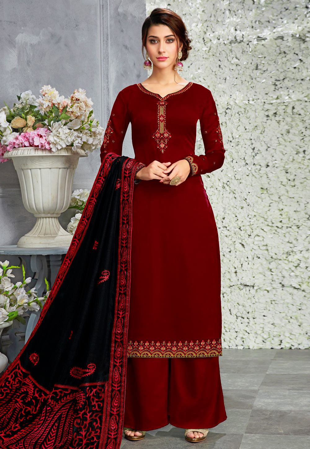Maroon Satin Embroidered Palazzo Suit 167883