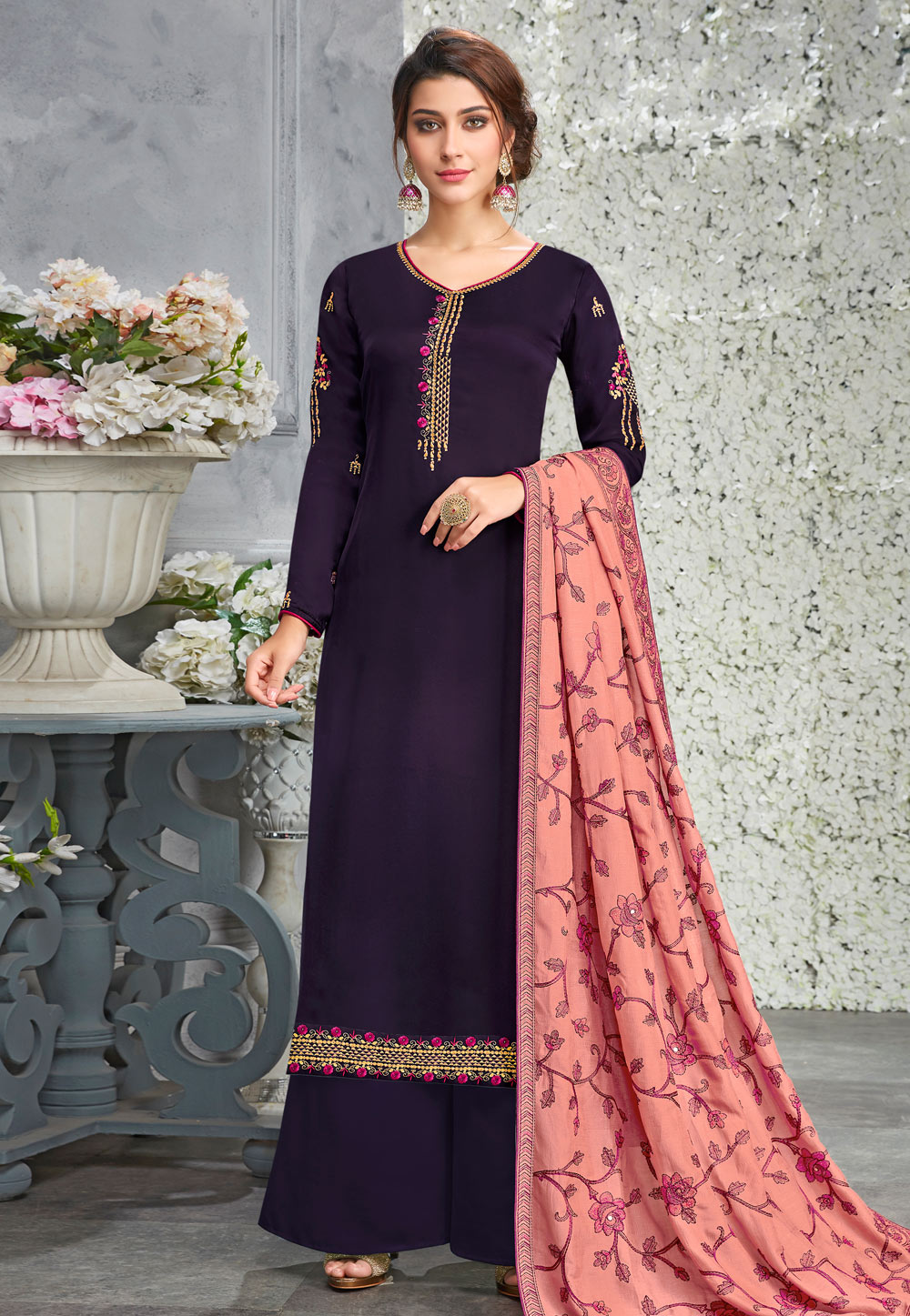 Purple Satin Embroidered Palazzo Suit 167885