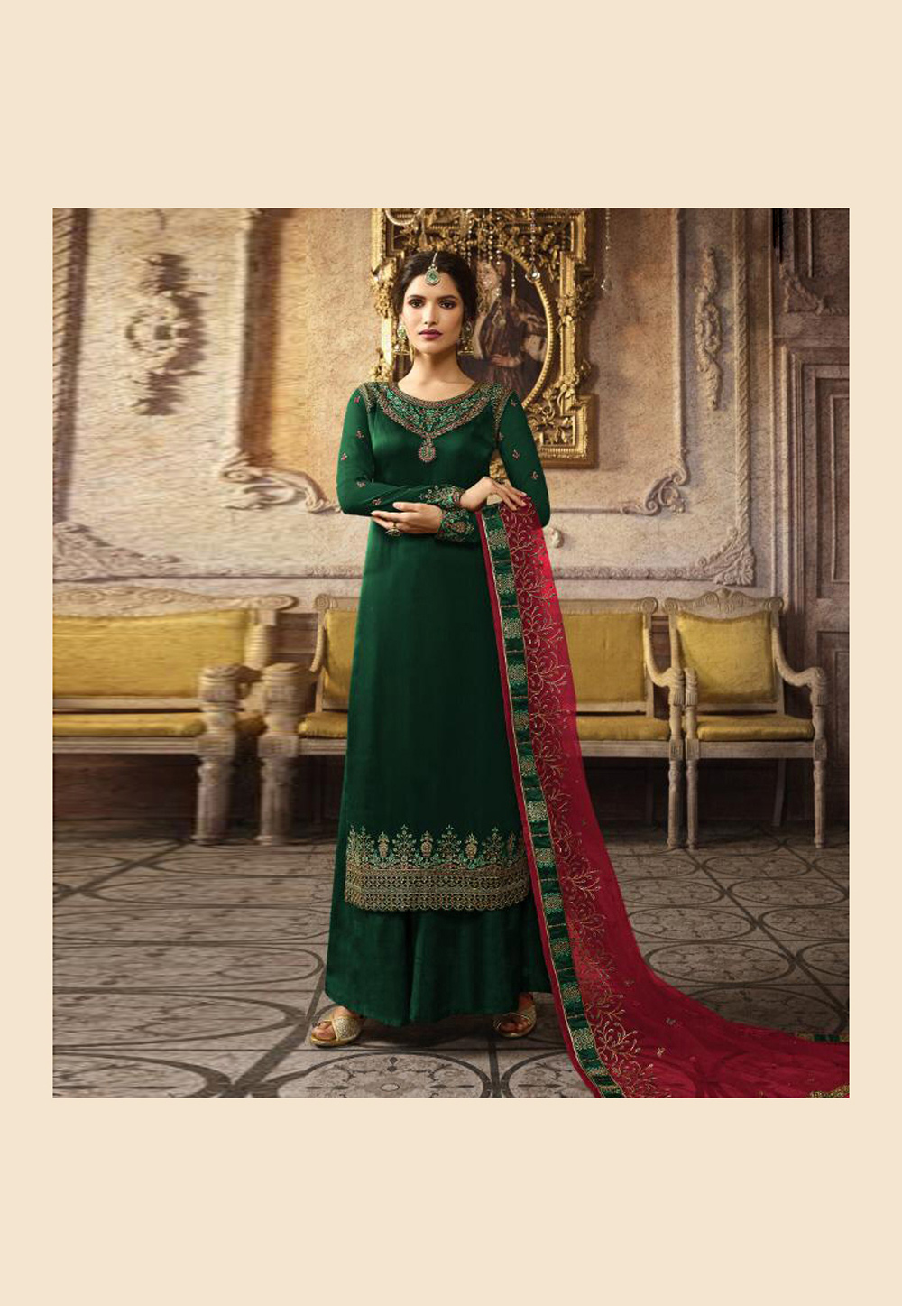 Green Chinon Silk Palazzo Suit 205461