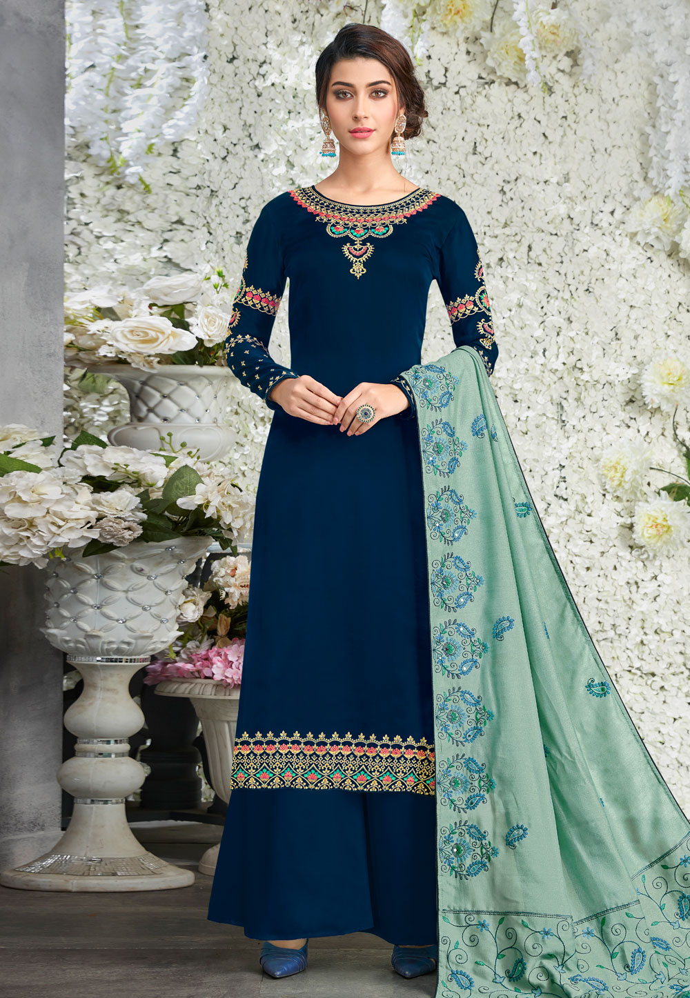 Blue Satin Embroidered Kameez With Palazzo 167888