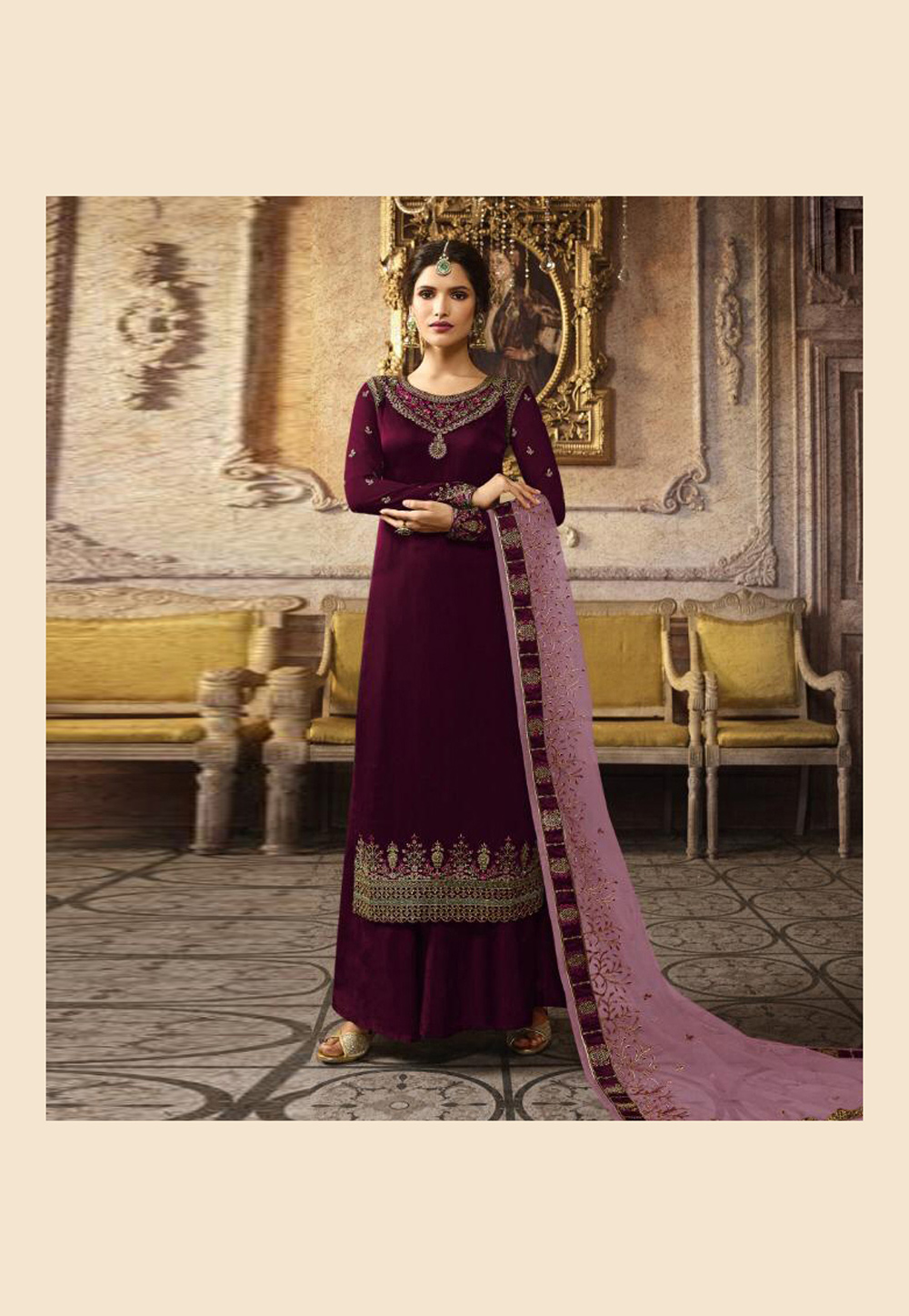 Purple Chinon Silk Kameez With Palazzo 205462