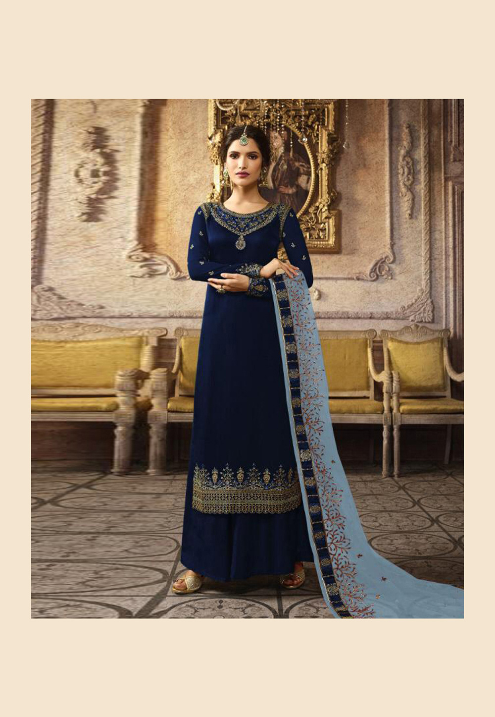 Navy Blue Chinon Silk Kameez With Palazzo 205464