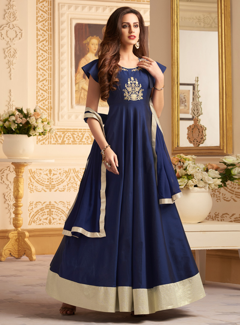 Navy Blue Taffeta Silk Readymade Long Anarkali Suit 115779