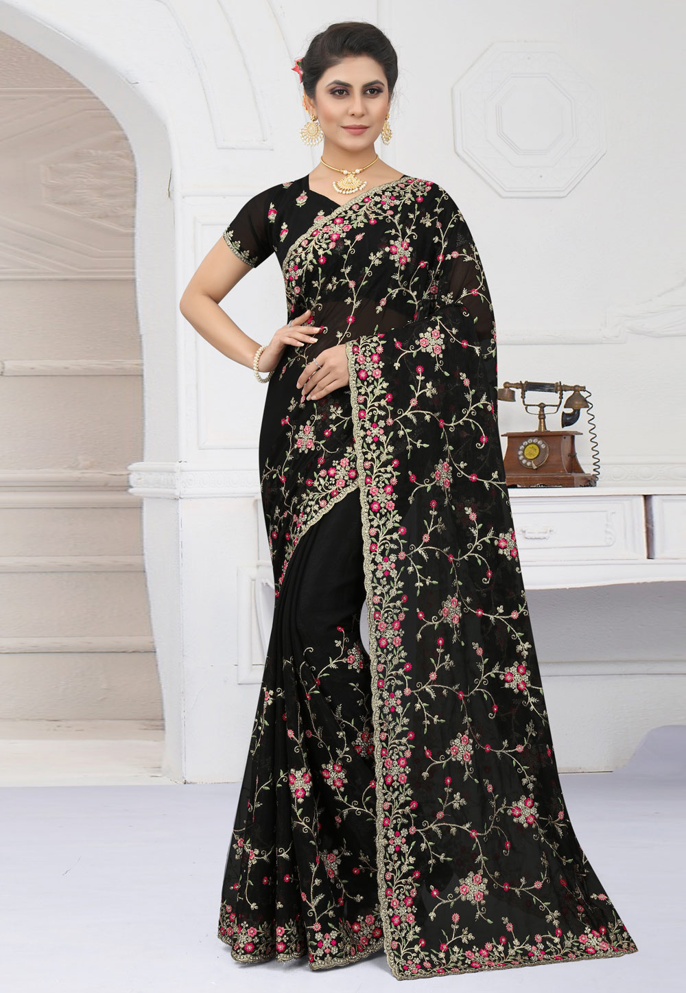 Black Shimmer Saree With Blouse 249713