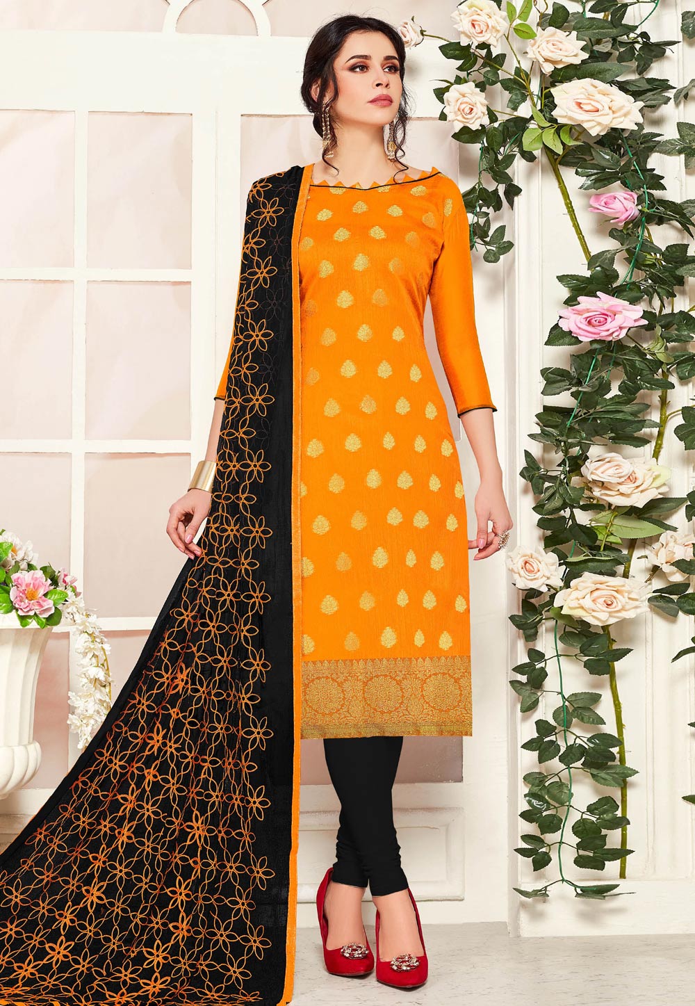 Orange Banarasi Churidar Suit 242292