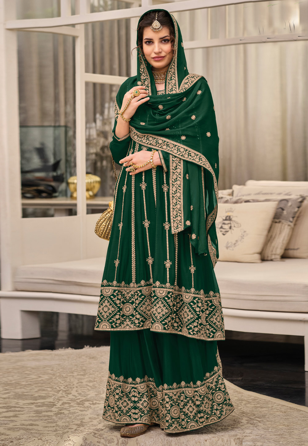 Green Chinon Embroidered Palazzo Suit 247355