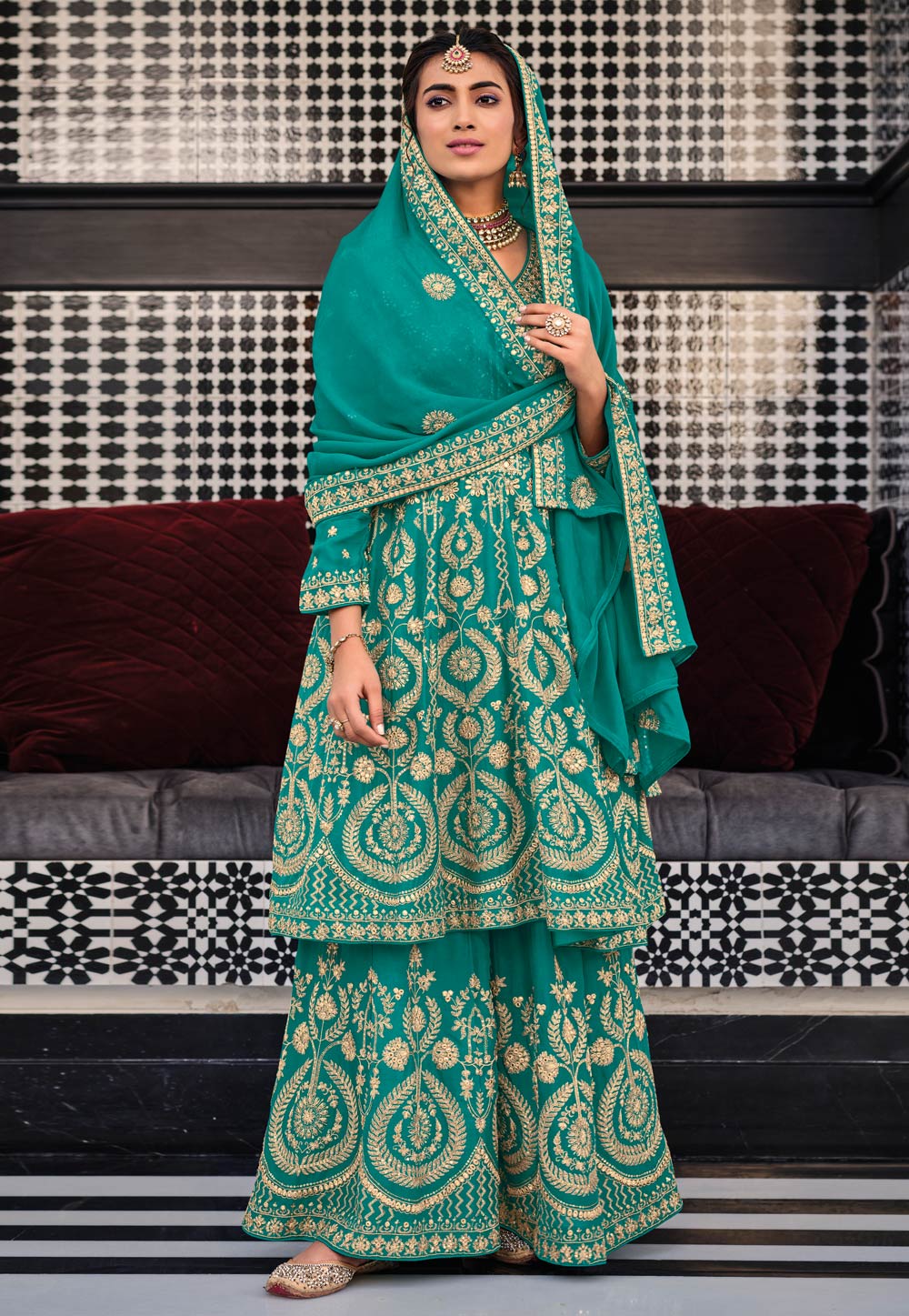 Turquoise Chinon Embroidered Kameez With Palazzo 247356