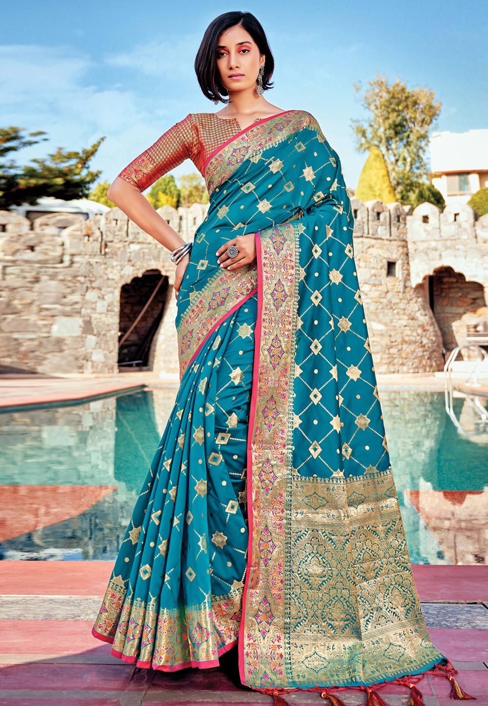 Teal Banarasi Silk Festival Wear Saree 242405