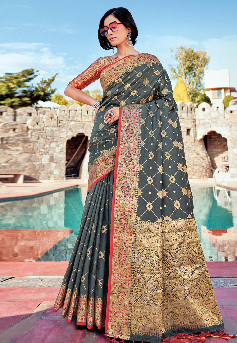Grey Banarasi Silk Festival Wear Saree 242409