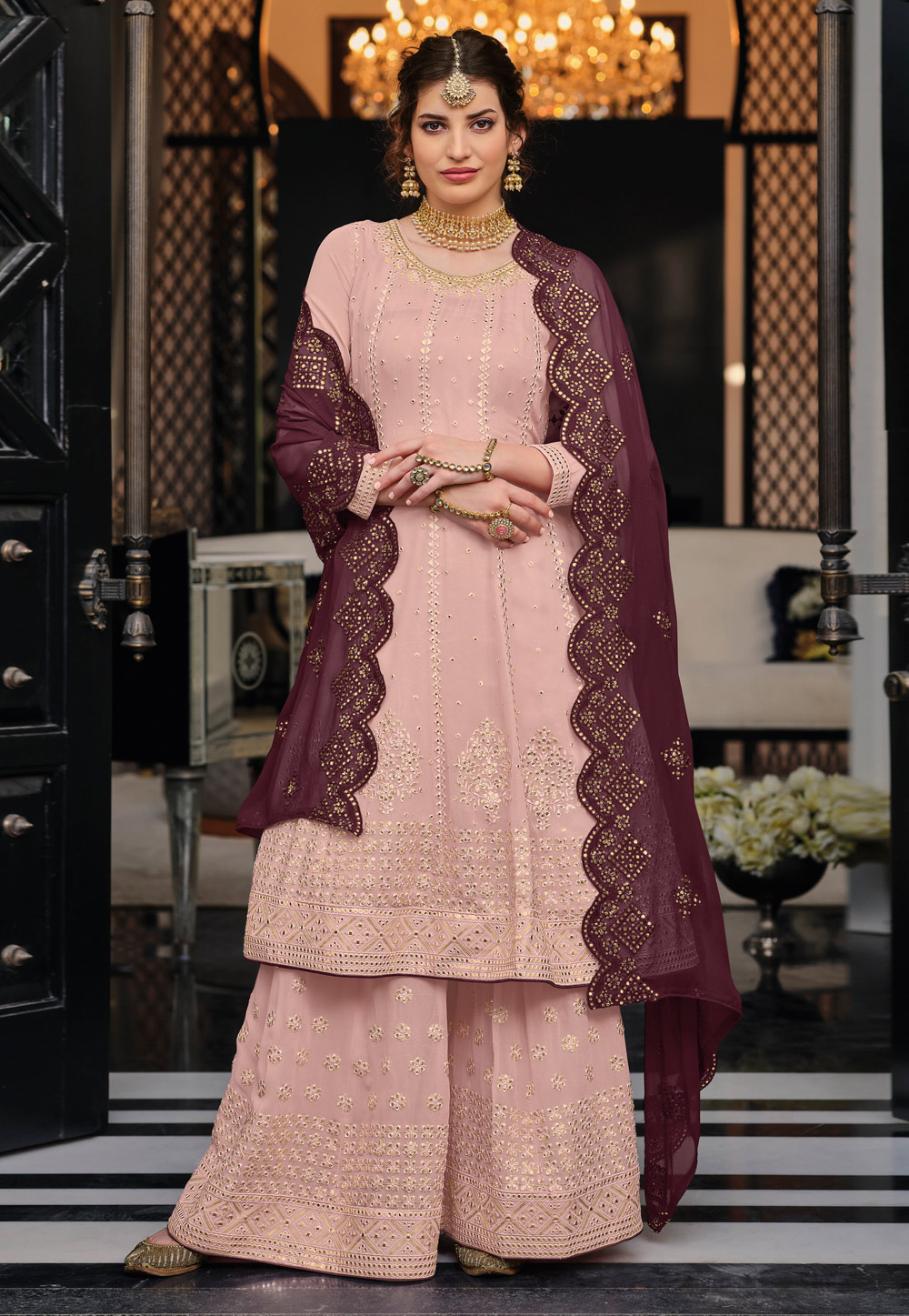 Light Pink Georgette Embroidered Palazzo Suit 247357