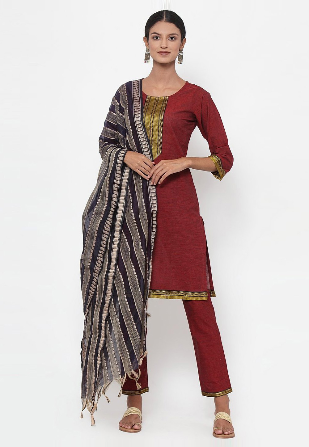 Maroon Cotton Readymade Kameez With Pant 216007