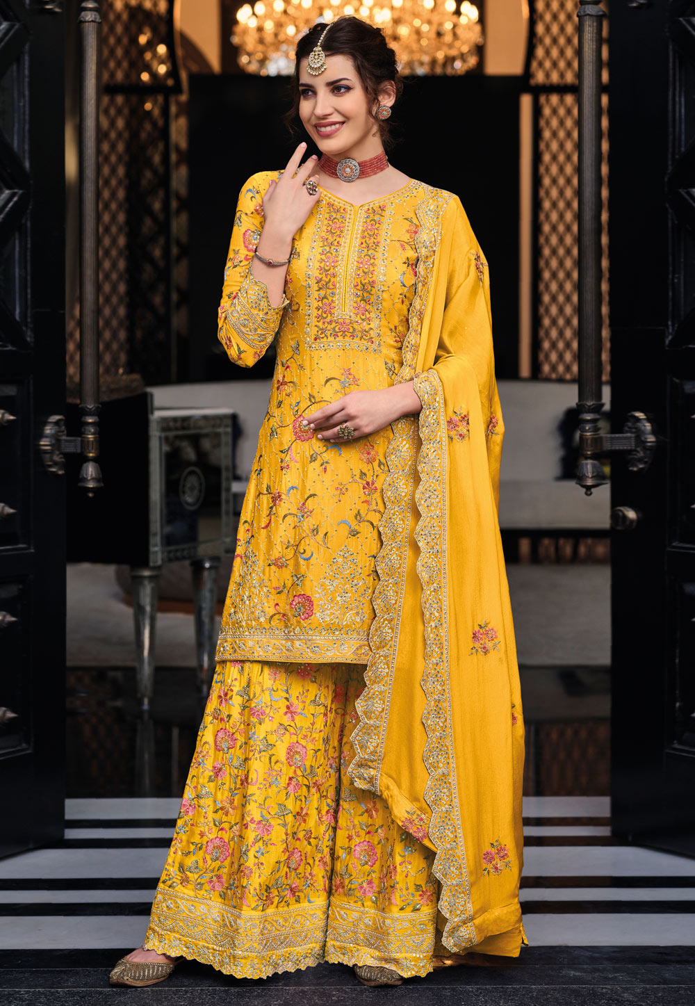 Yellow Chinon Palazzo Suit 258804