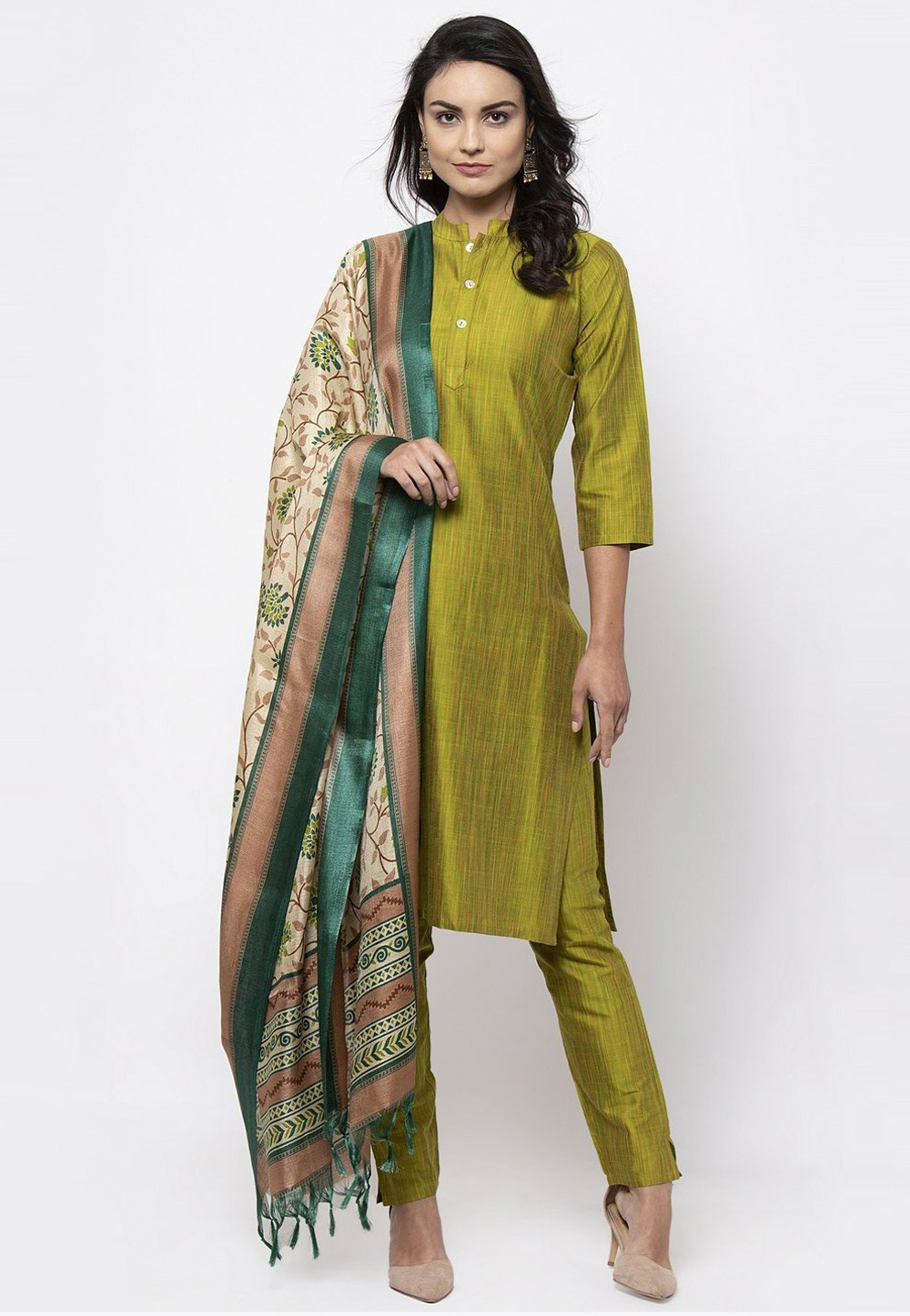Green Cotton Silk Readymade Pant Style Suit 216009