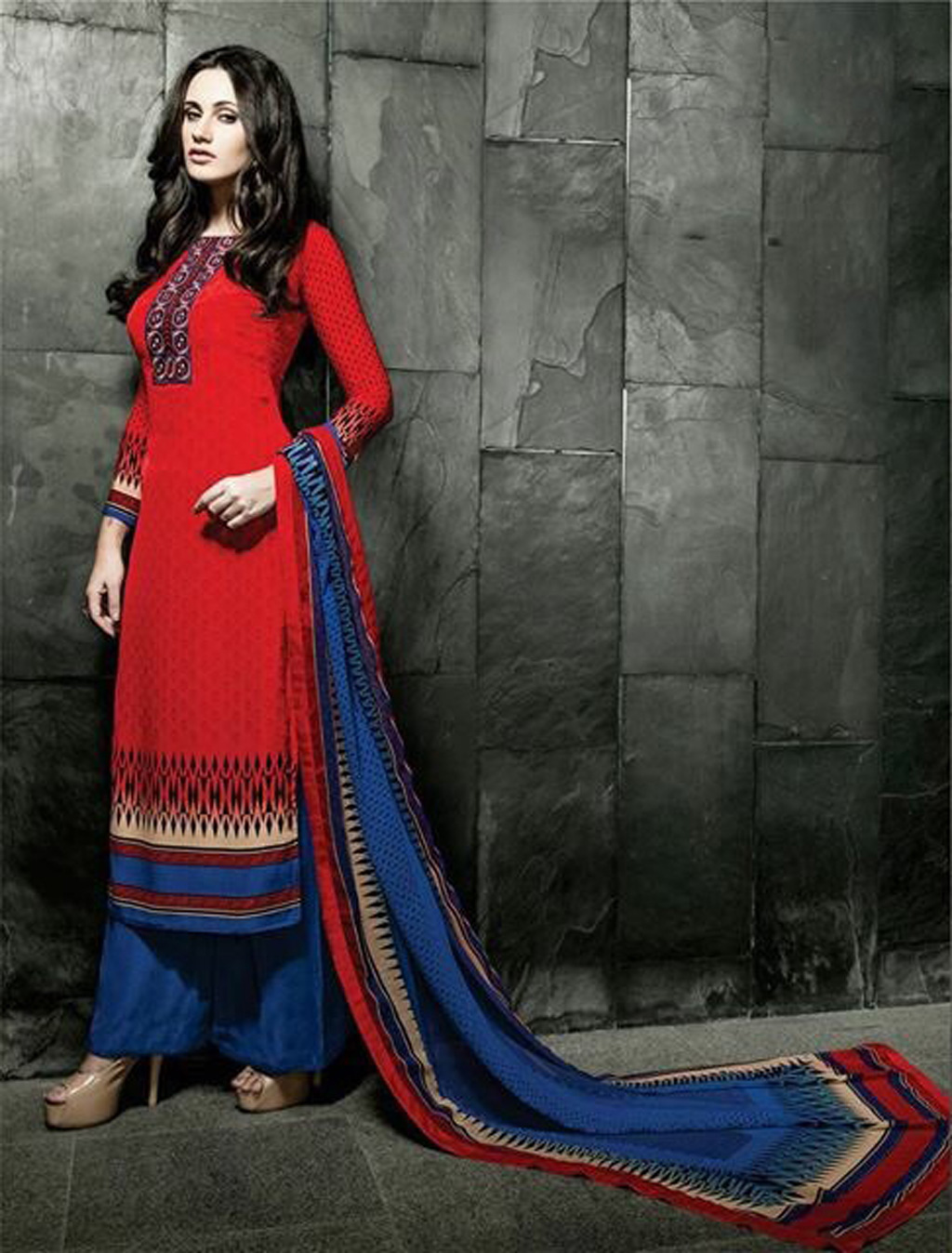 Red Georgette Kameez With Palazzo Pant 58021