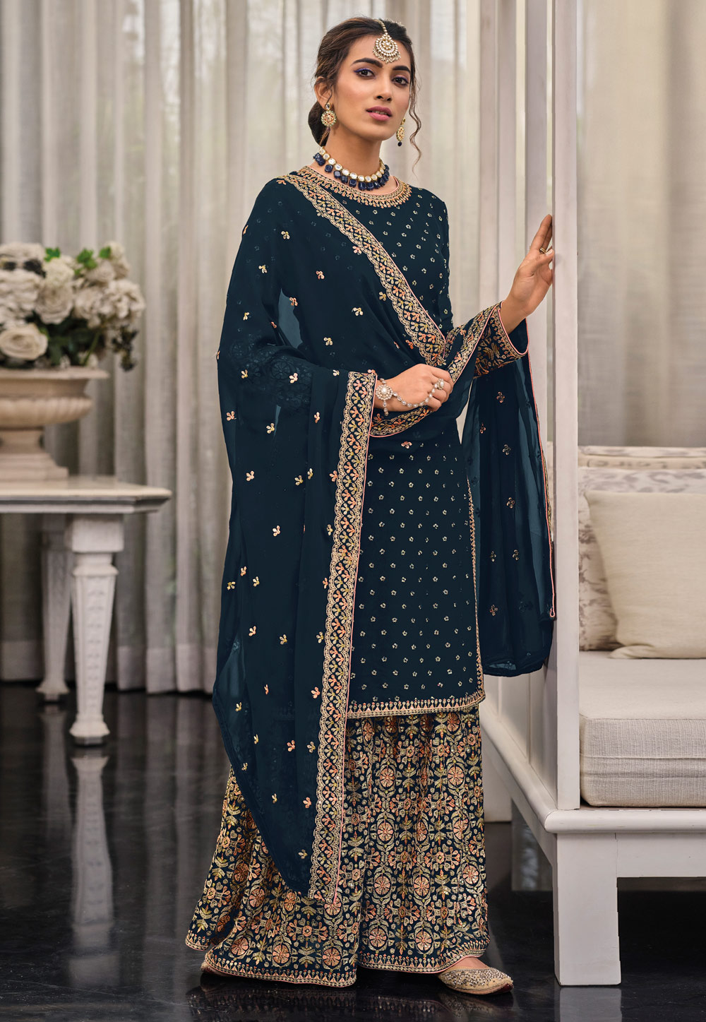 Navy Blue Georgette Palazzo Suit 250118