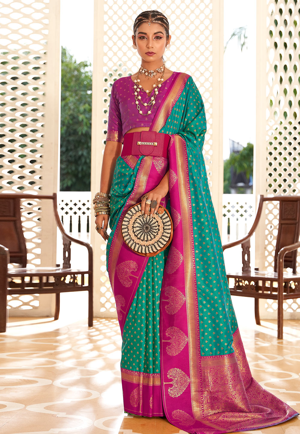 Turquoise Banarasi Saree 266334