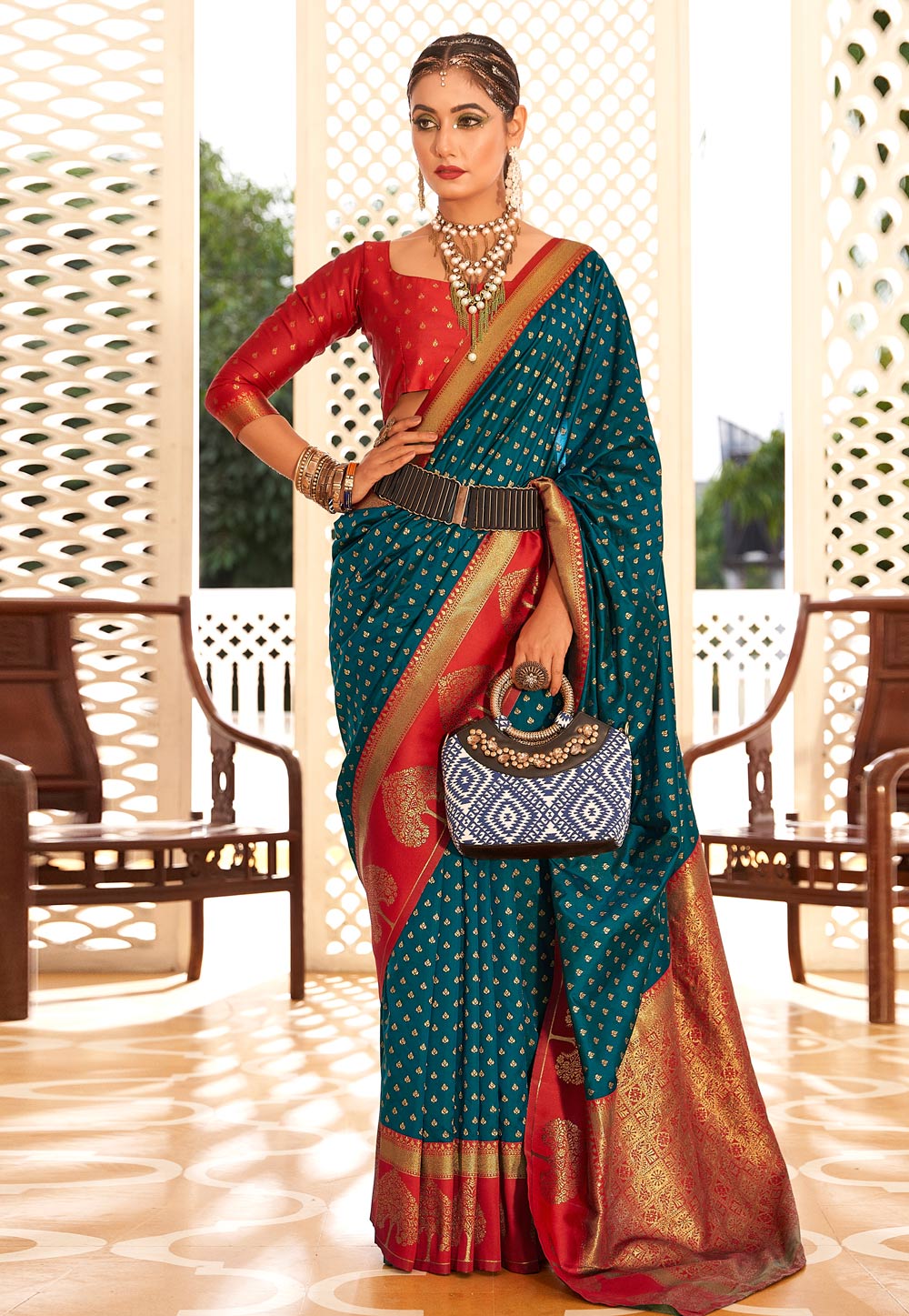 Teal Banarasi Saree With Blouse 266337