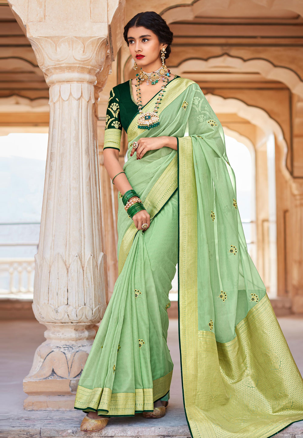 CM  Pista Green Colour Lichi Silk Saree  New In  Indian