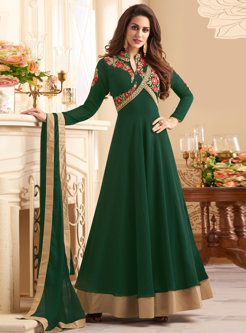 Green Taffeta Silk Readymade Long Anarkali Suit 115780