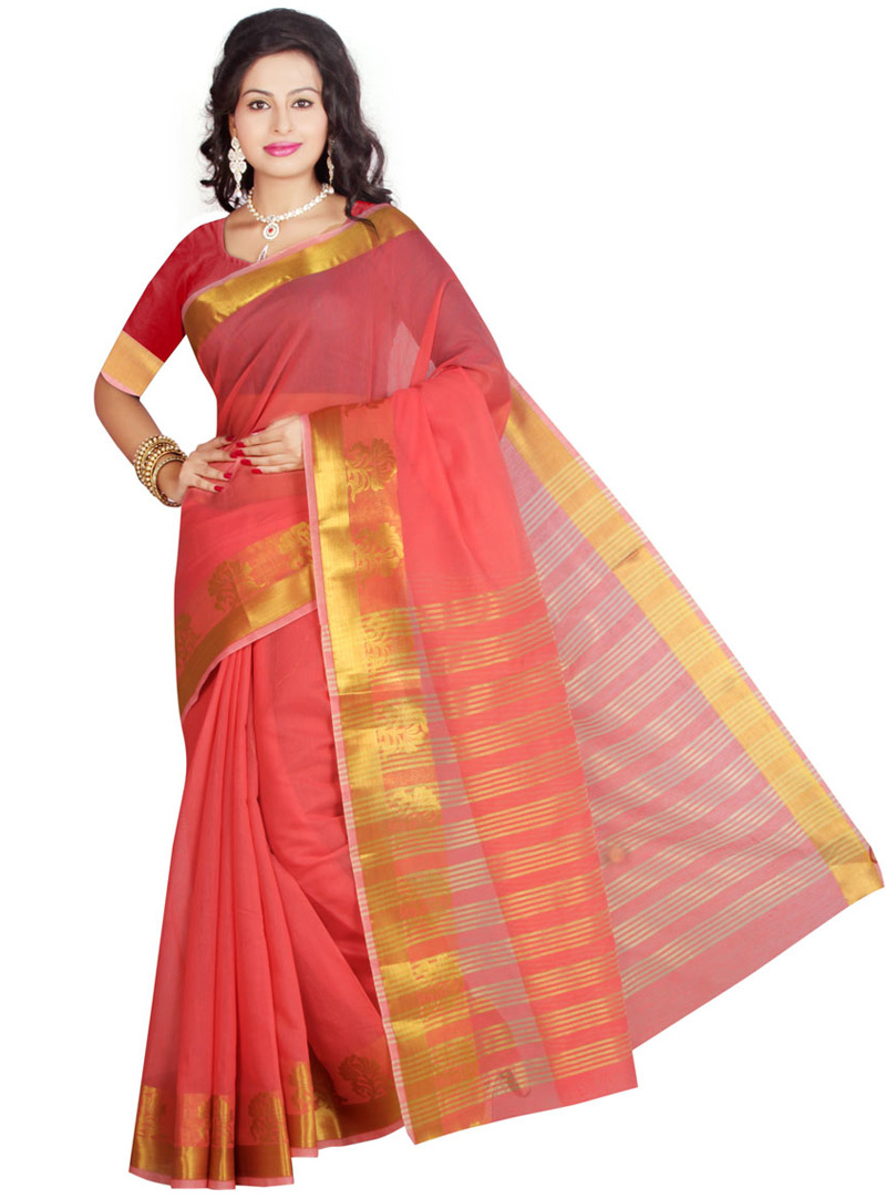 Red Cotton Saree With Blouse 75694