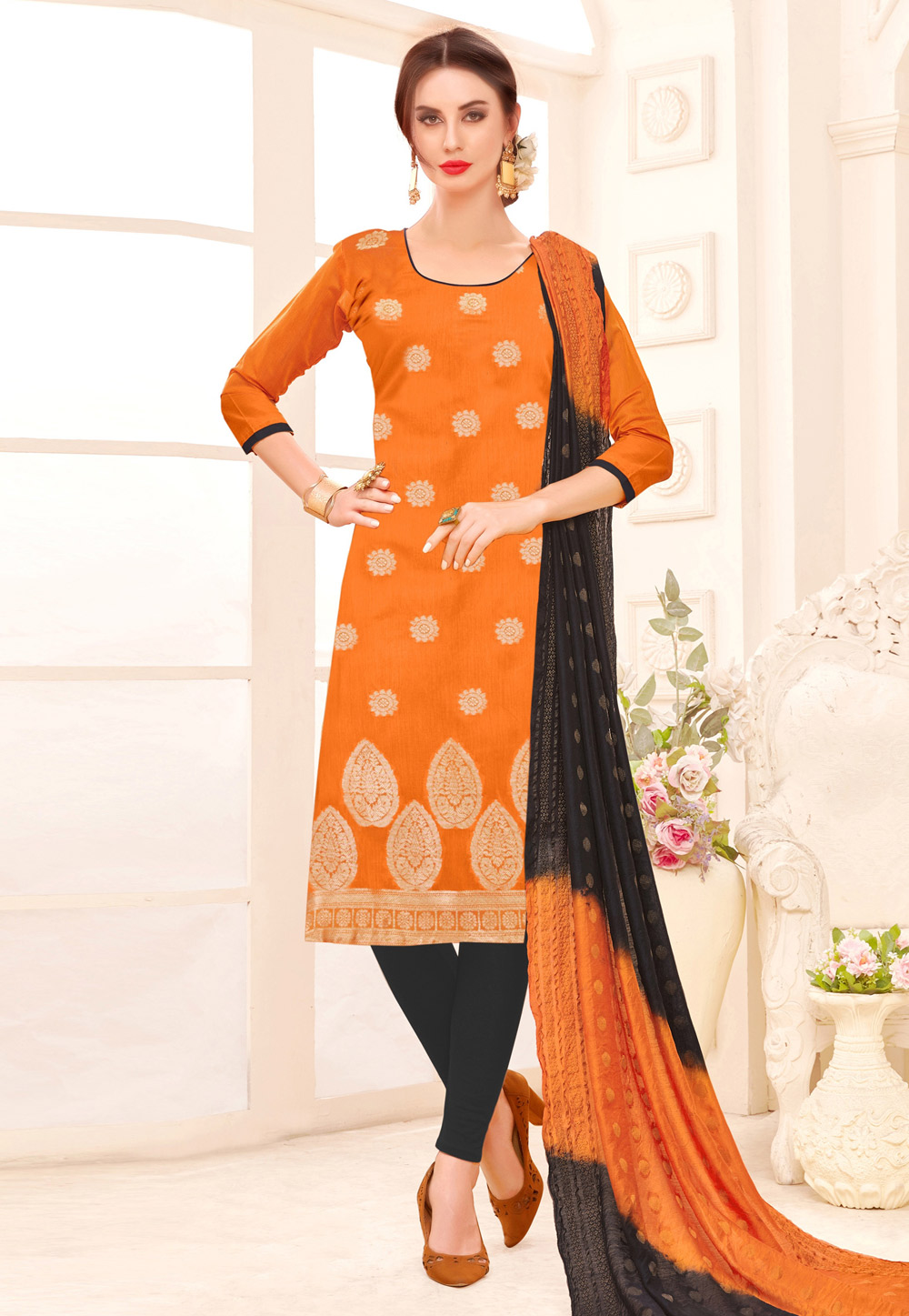 Orange Banarasi Churidar Suit 243018