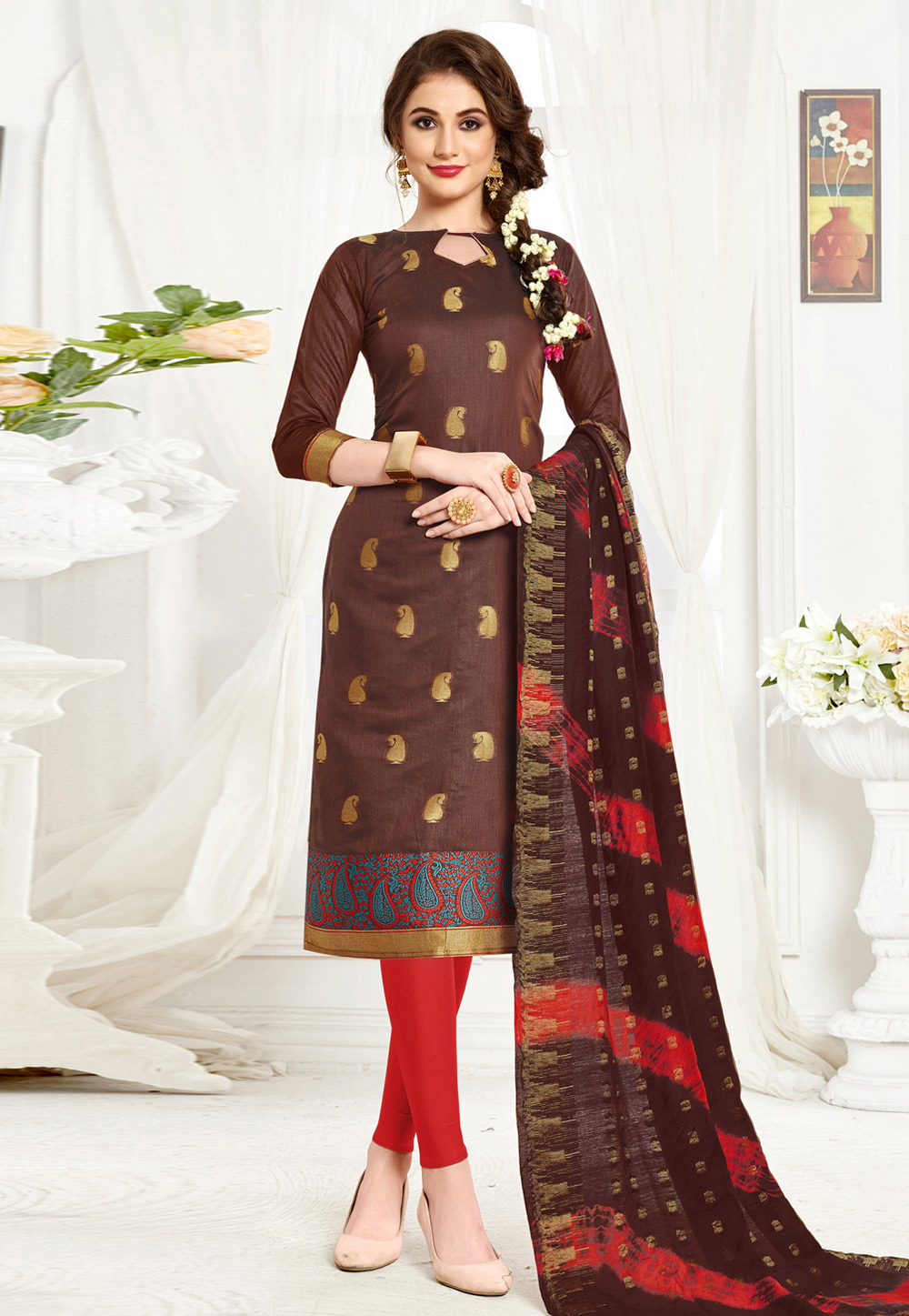 Brown Banarasi Churidar Salwar Suit 243021