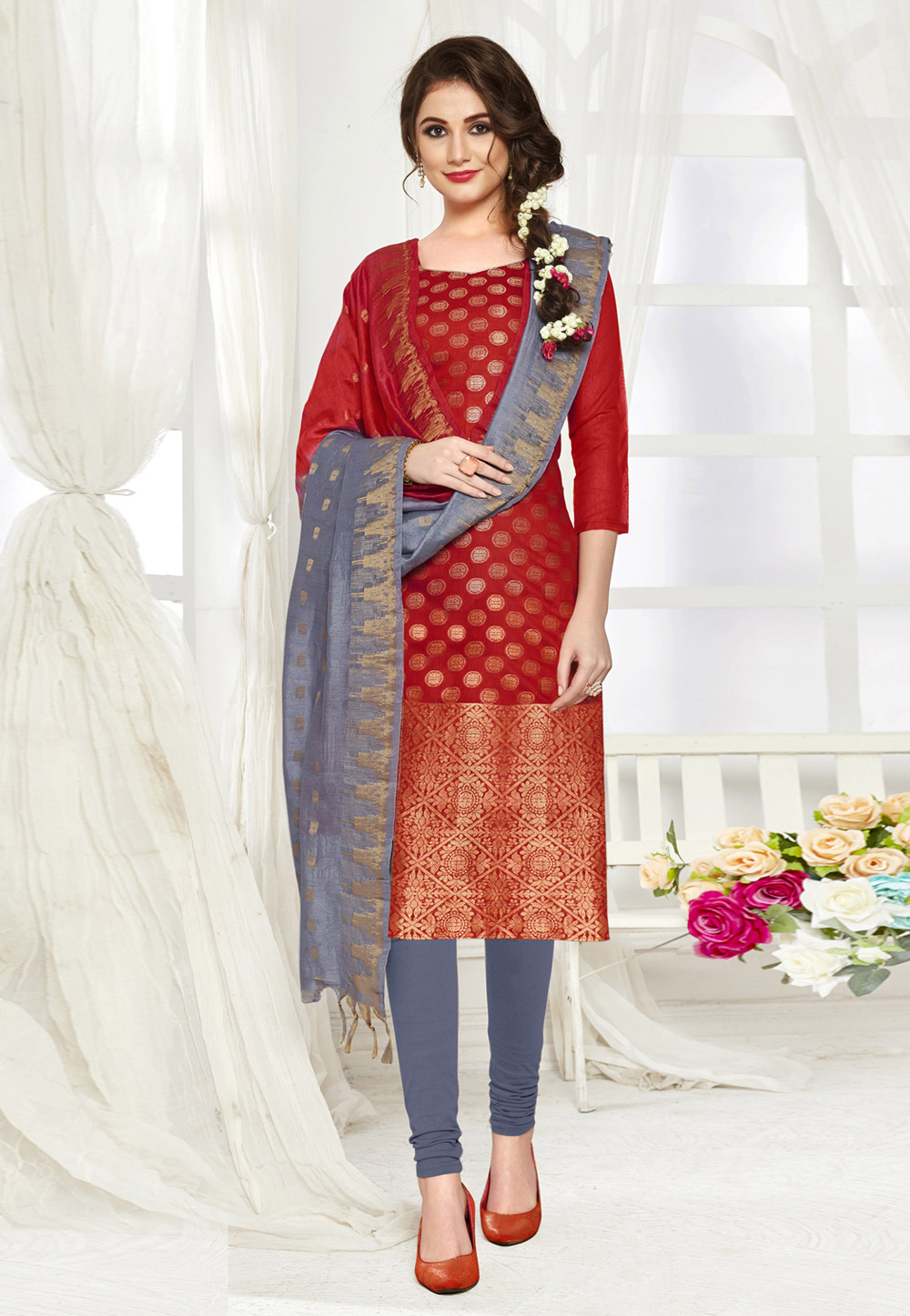 Red Banarasi Churidar Salwar Suit 243023