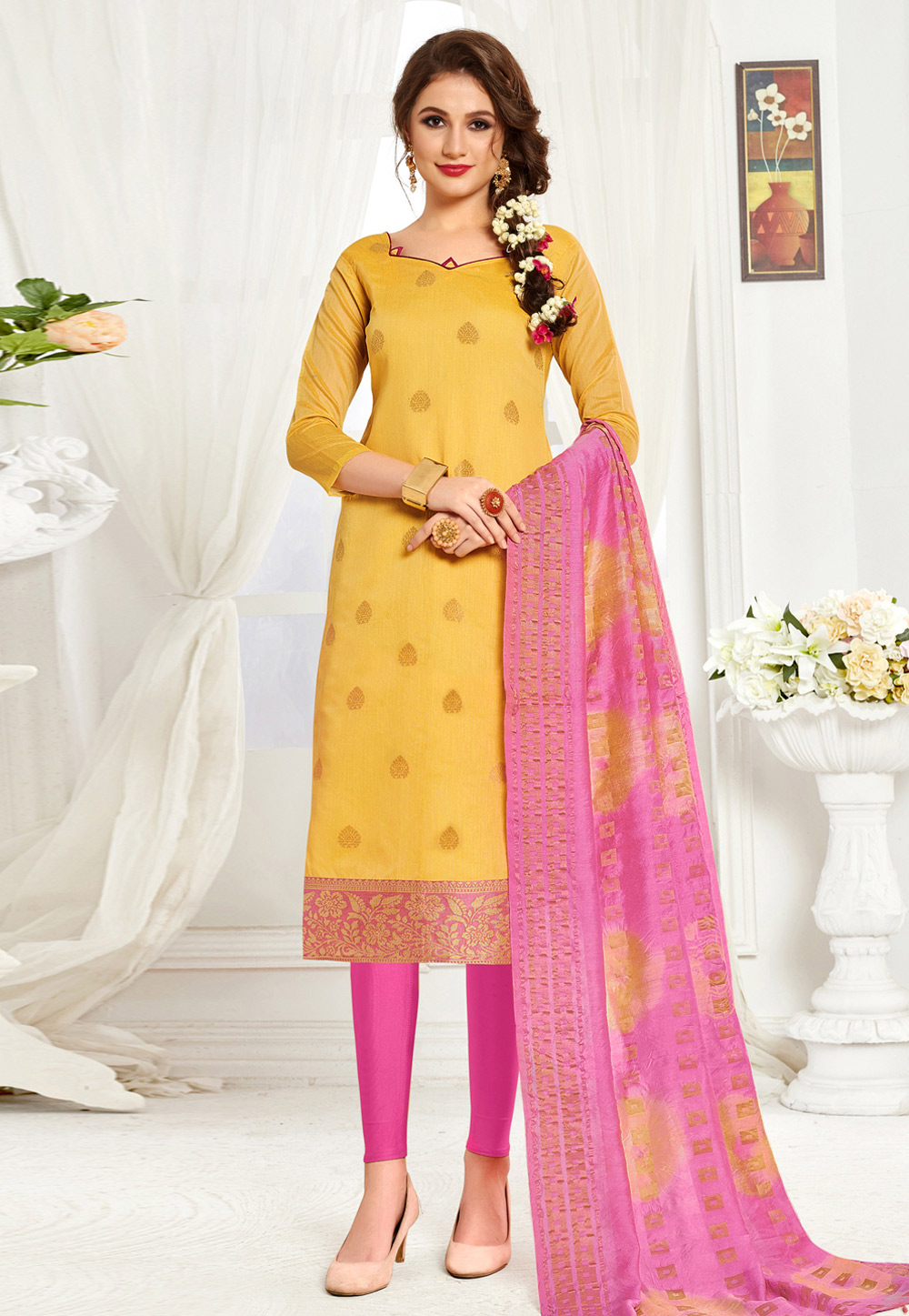 Yellow Banarasi Churidar Salwar Suit 243025