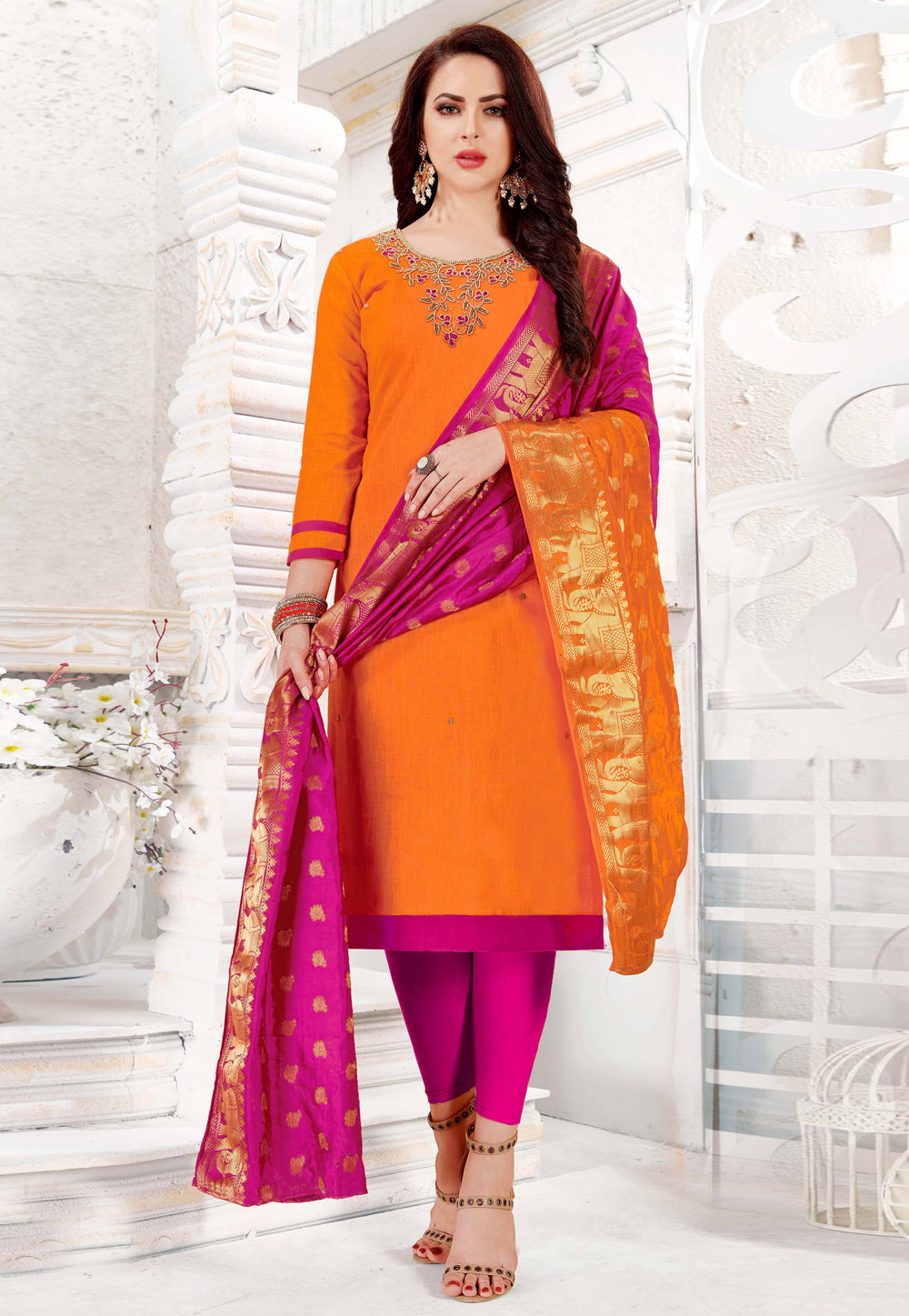 Orange Cotton Churidar Salwar Suit 243008