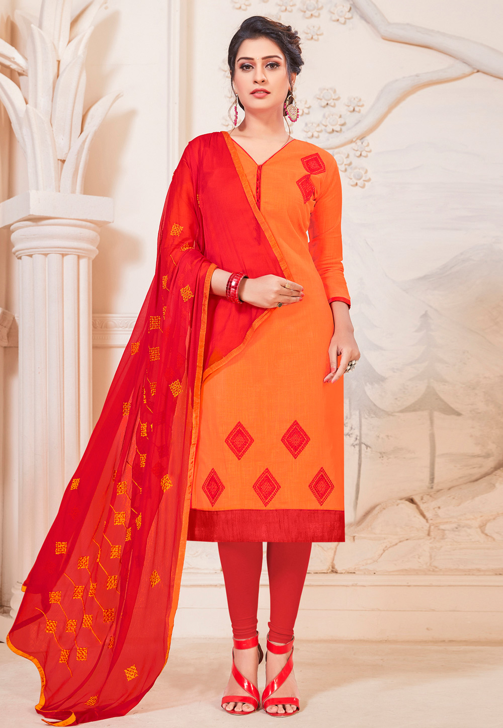 Orange Cotton Churidar Salwar Suit 243000