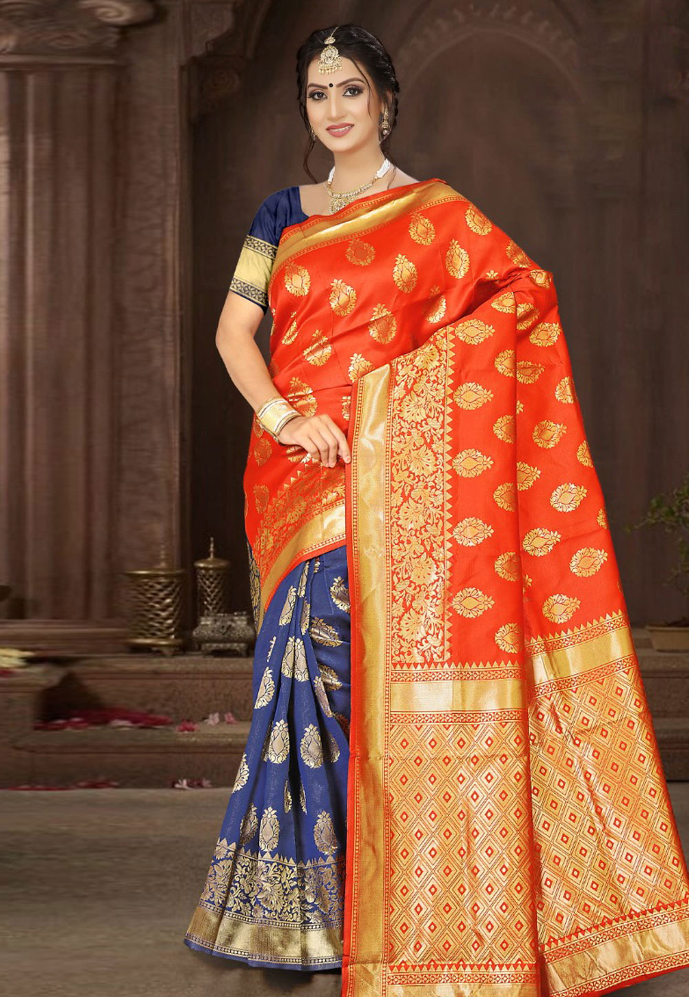 Orange Banarasi Silk Half N Half Saree 205727