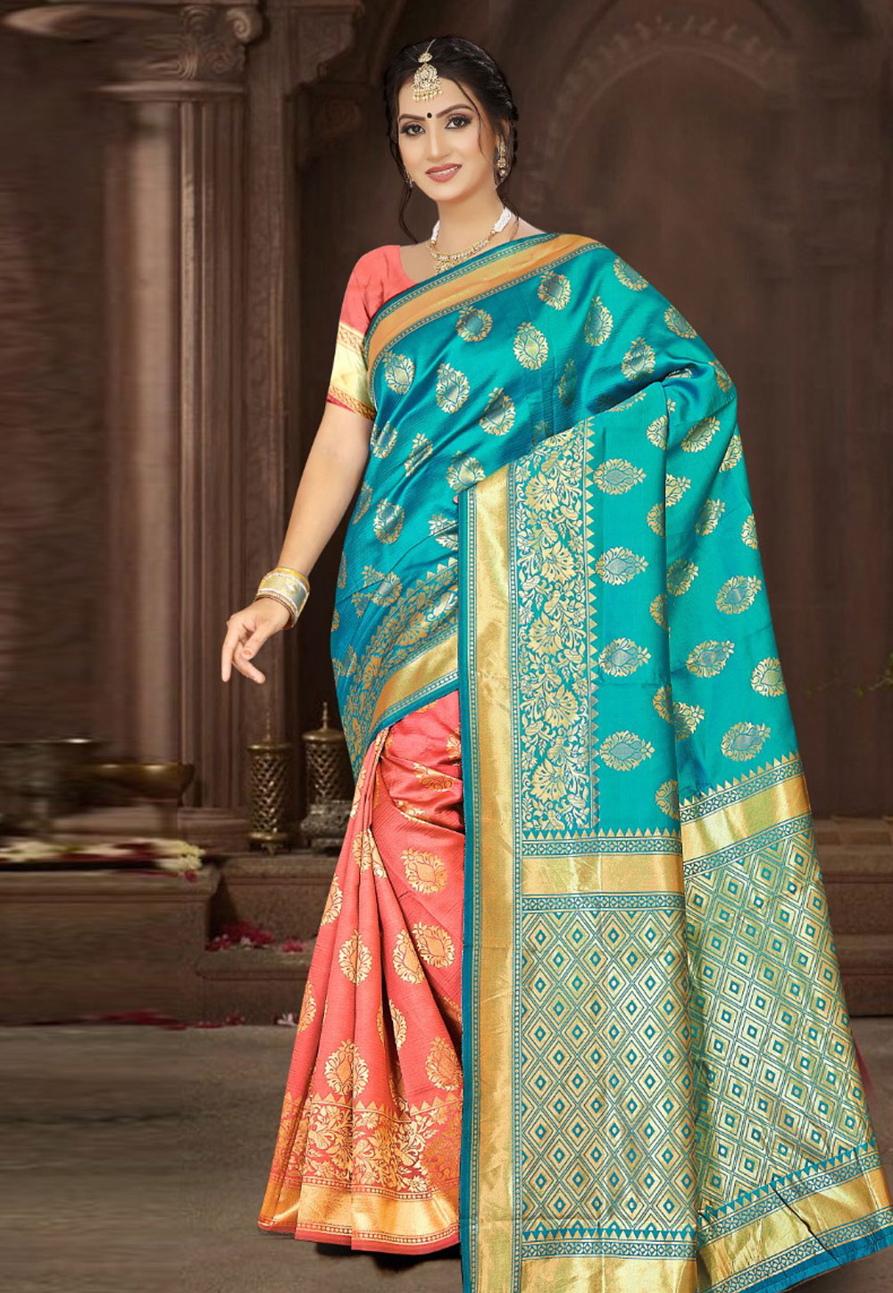 Turquoise Banarasi Silk Half N Half Saree 205728