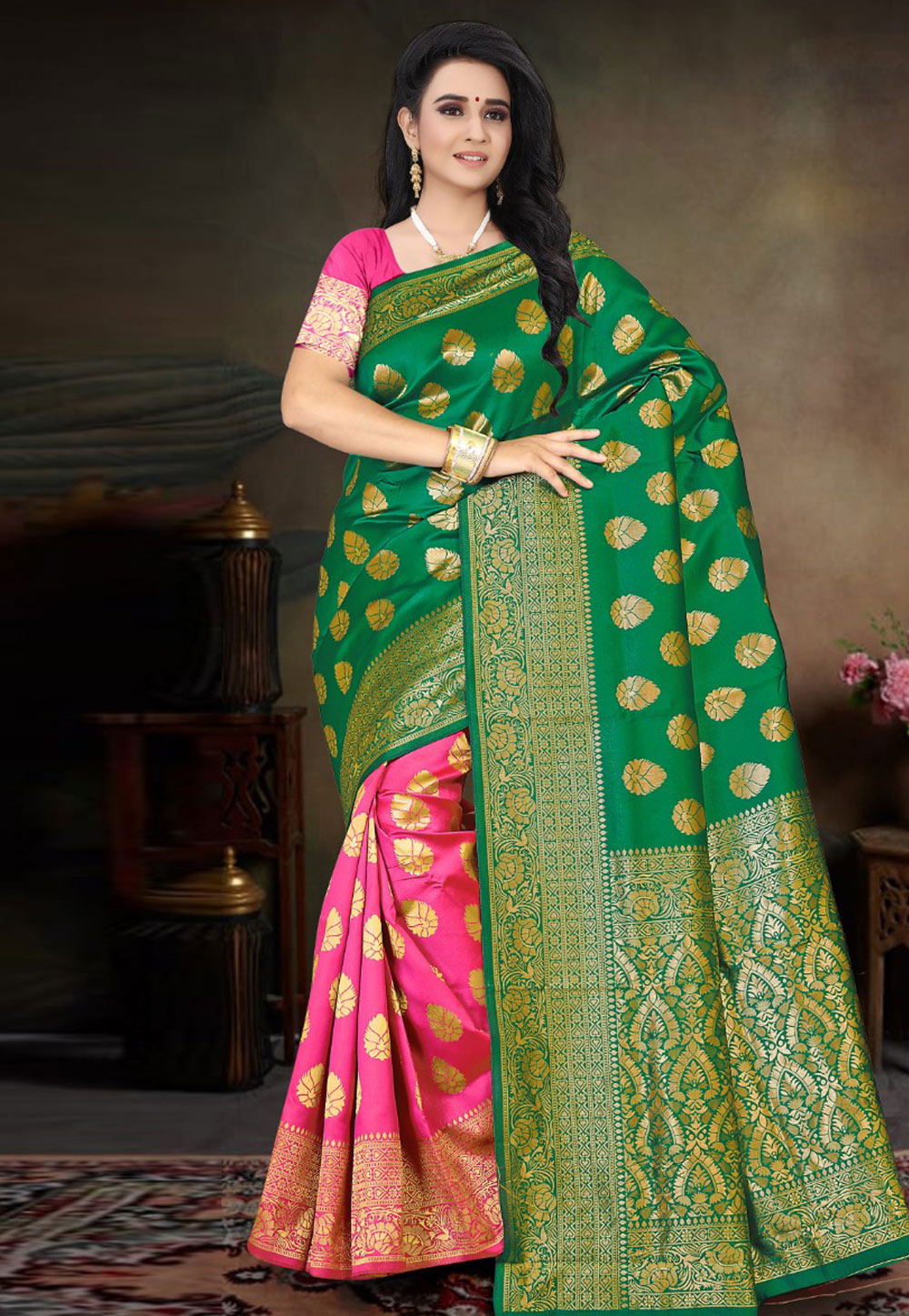 Green Banarasi Silk Half N Half Saree 205729