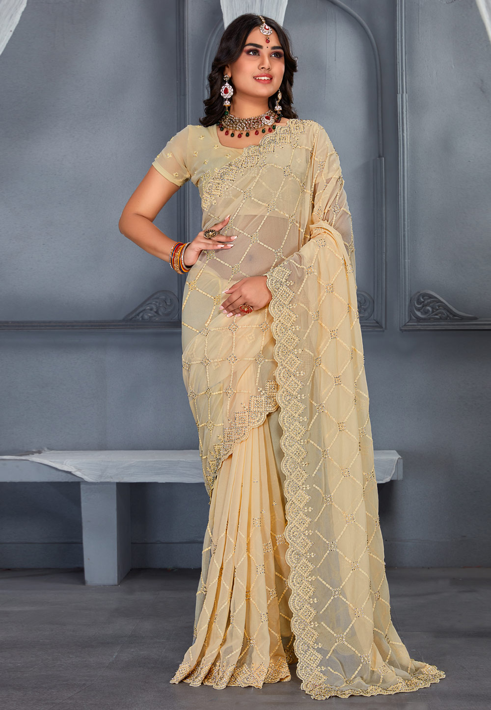 Beige Georgette Saree With Blouse 250344