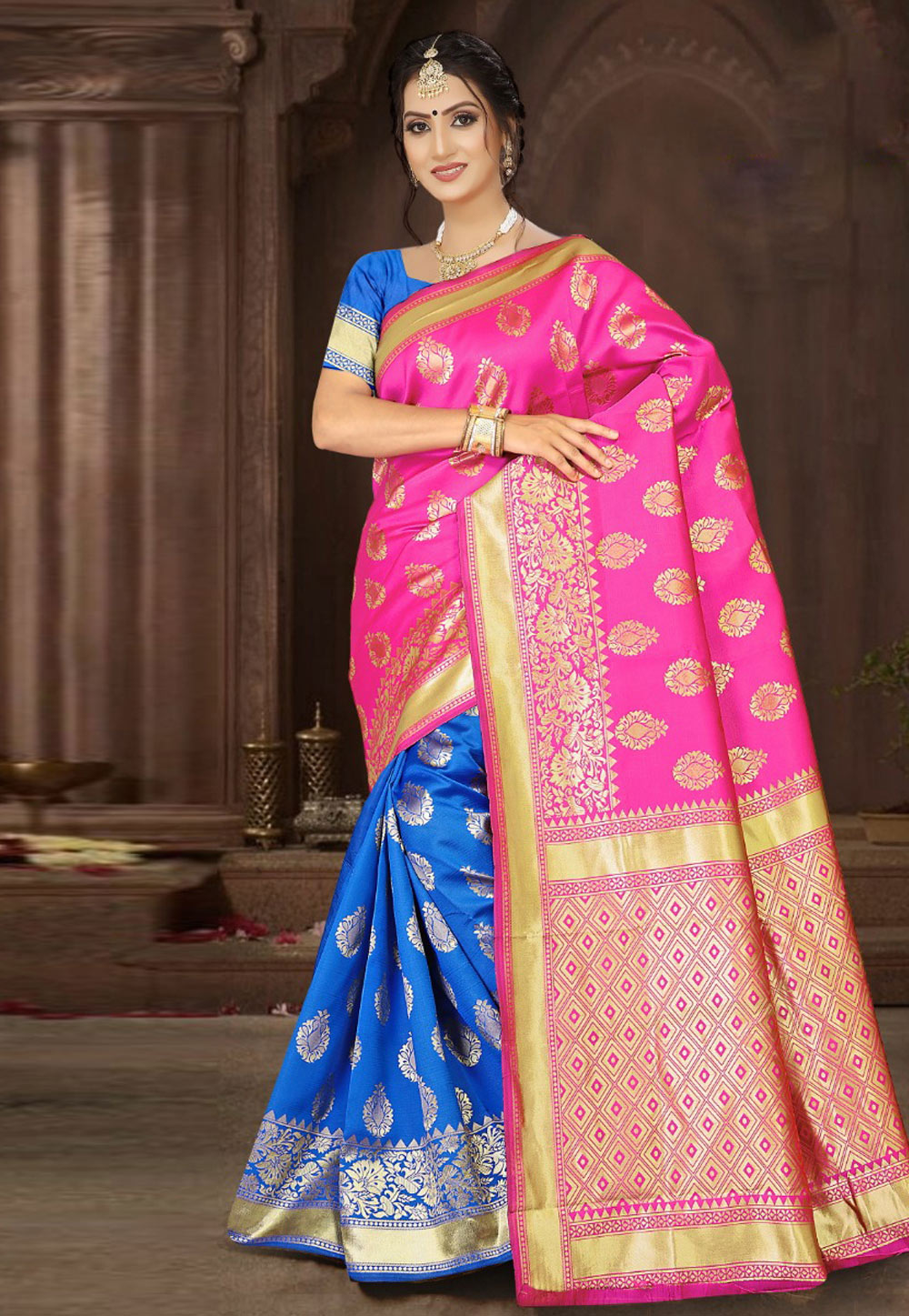 Pink Banarasi Silk Half N Half Saree 205730
